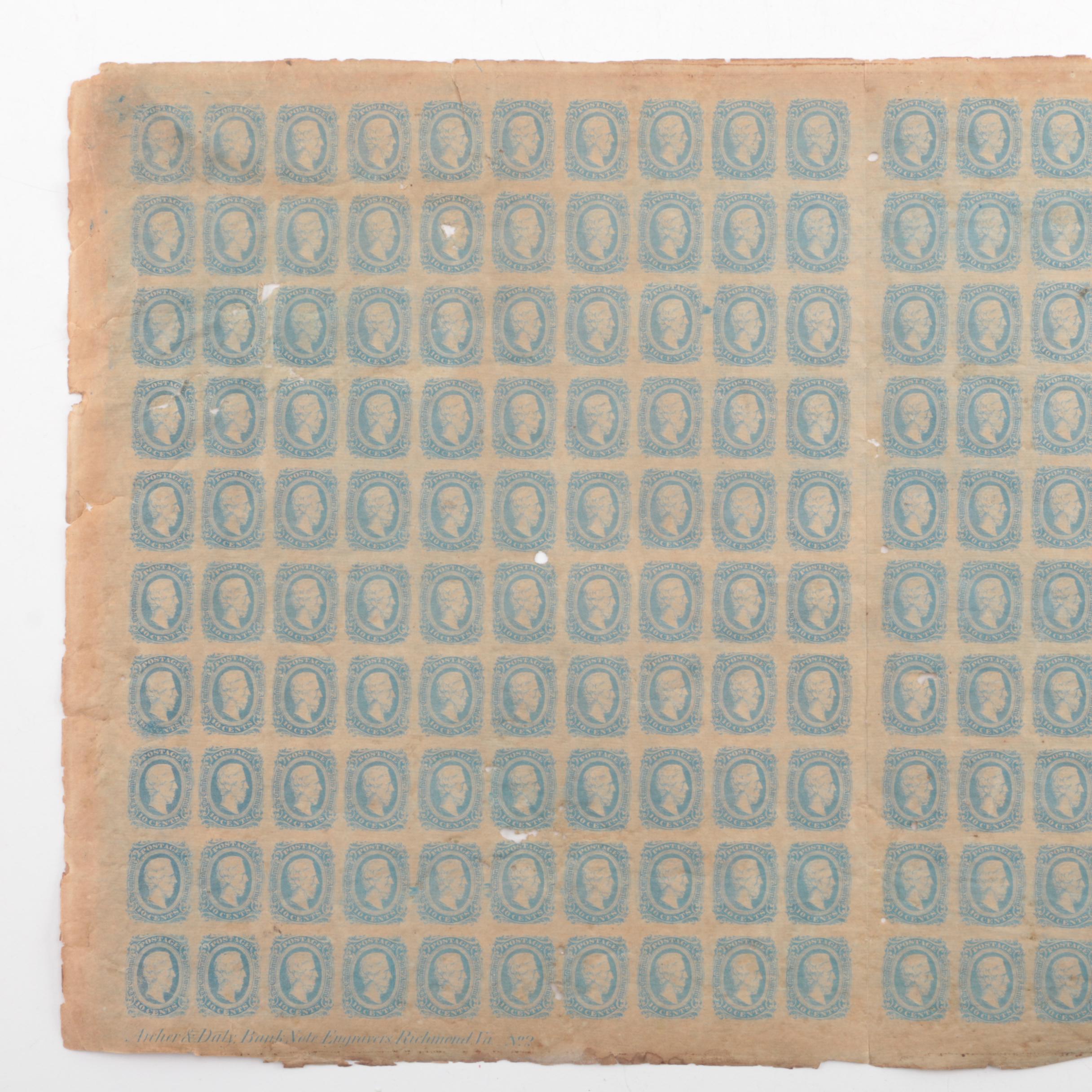 Uncut Sheet of 200 Confederate States of America 10-cent Postage Stamps, 1863