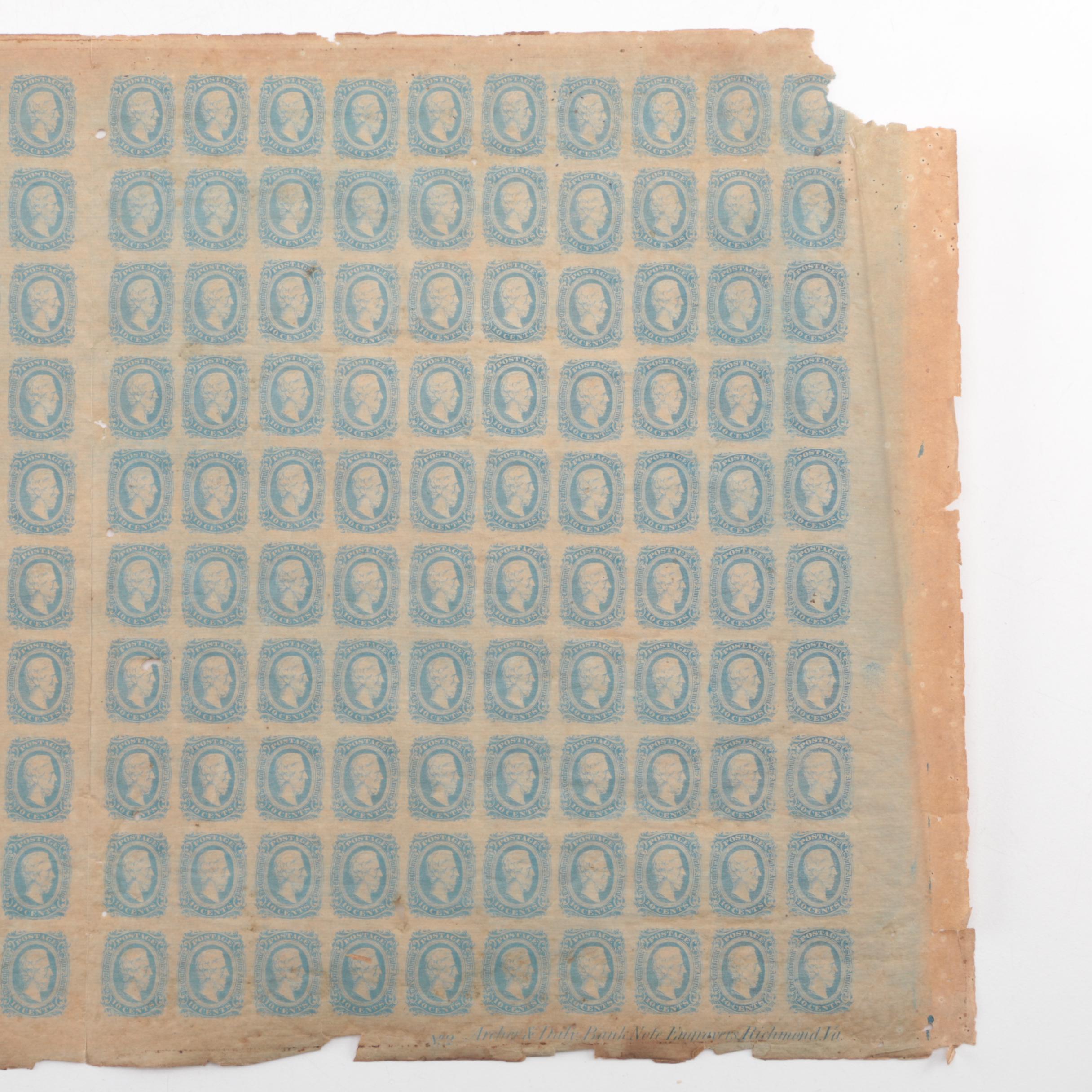 Uncut Sheet of 200 Confederate States of America 10-cent Postage Stamps, 1863