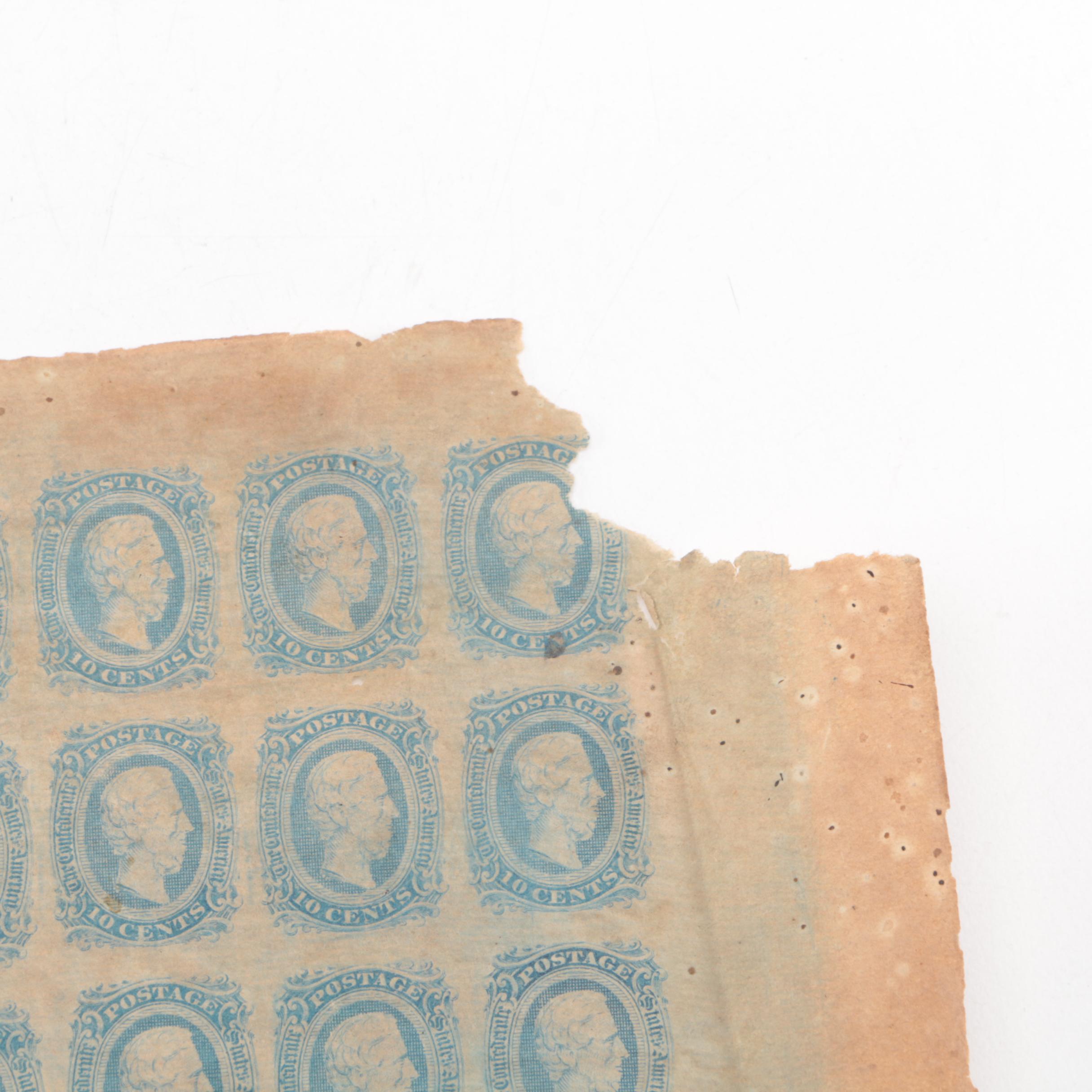Uncut Sheet of 200 Confederate States of America 10-cent Postage Stamps, 1863
