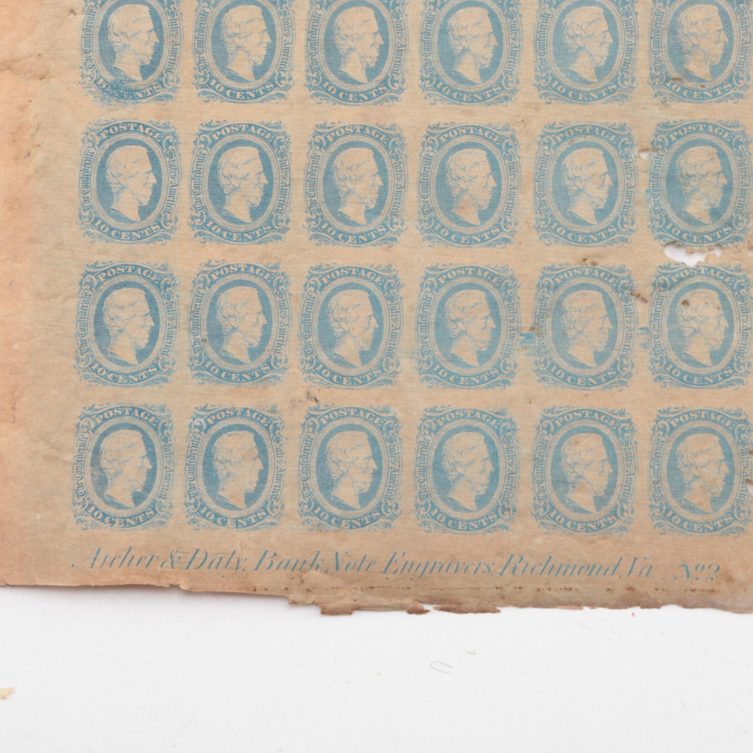 Uncut Sheet of 200 Confederate States of America 10-cent Postage Stamps, 1863