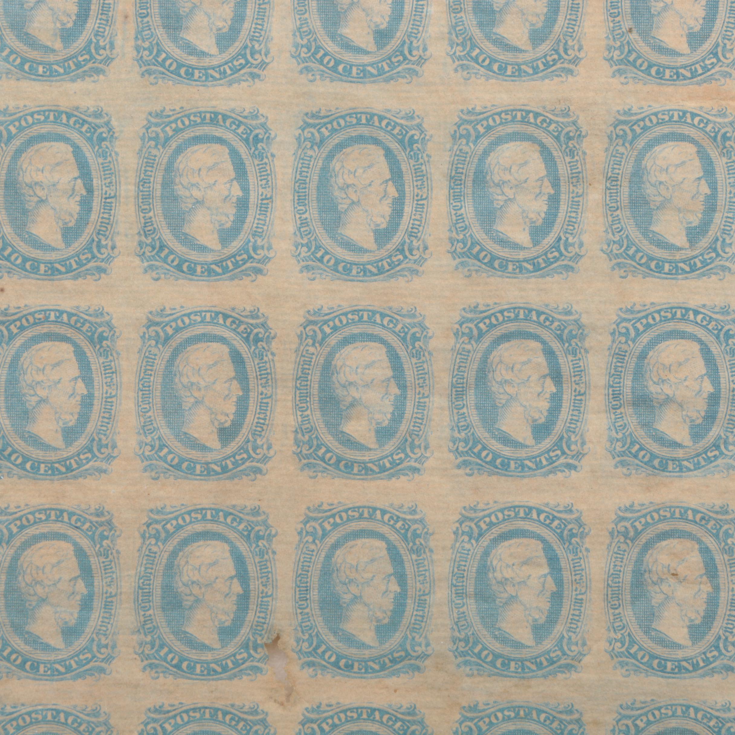 Uncut Sheet of 200 Confederate States of America 10-cent Postage Stamps, 1863