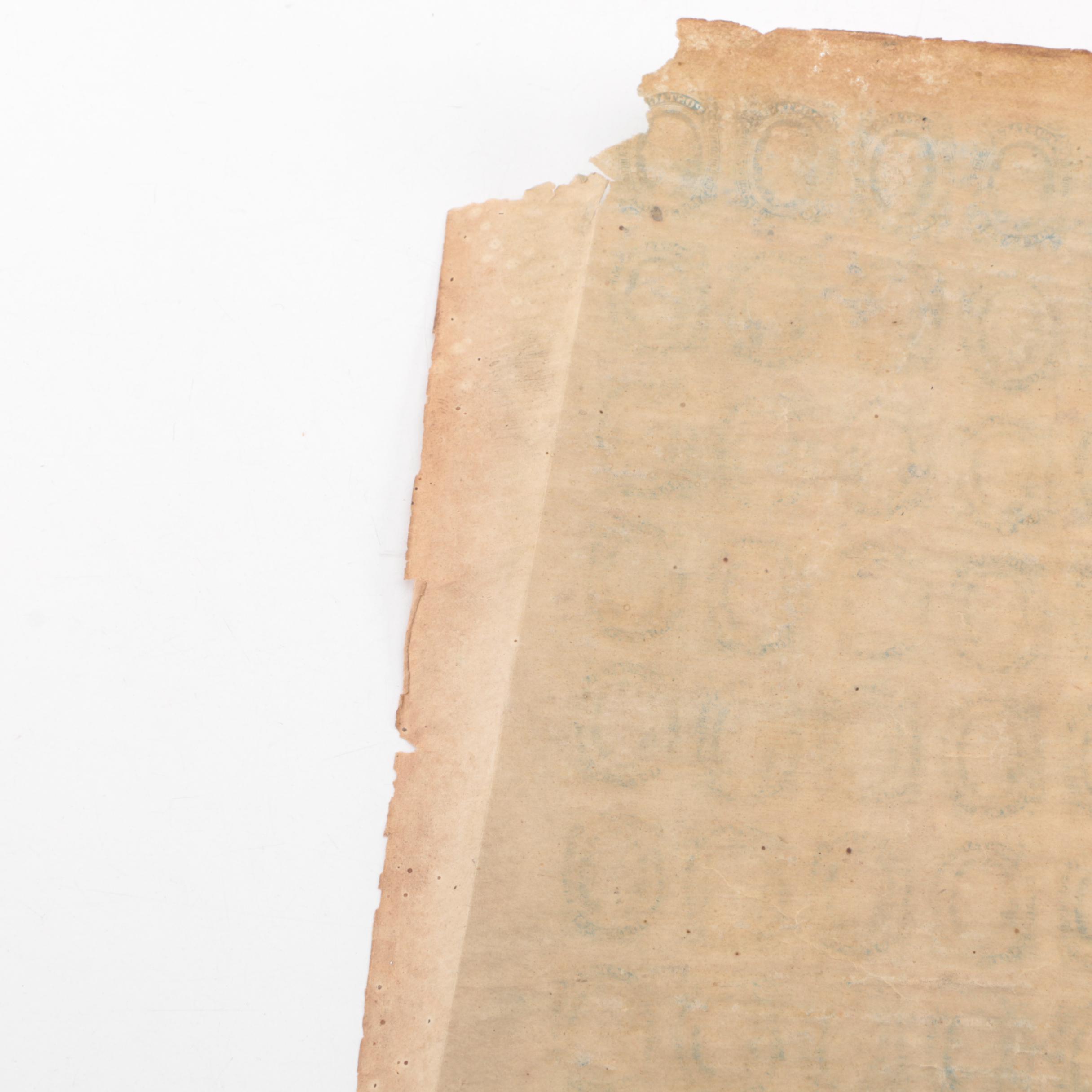 Uncut Sheet of 200 Confederate States of America 10-cent Postage Stamps, 1863