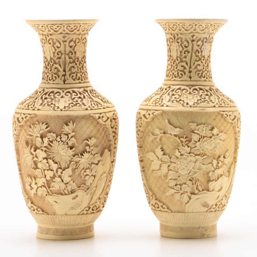 Chinese Carved Ivory Resin Vases, Mid Century