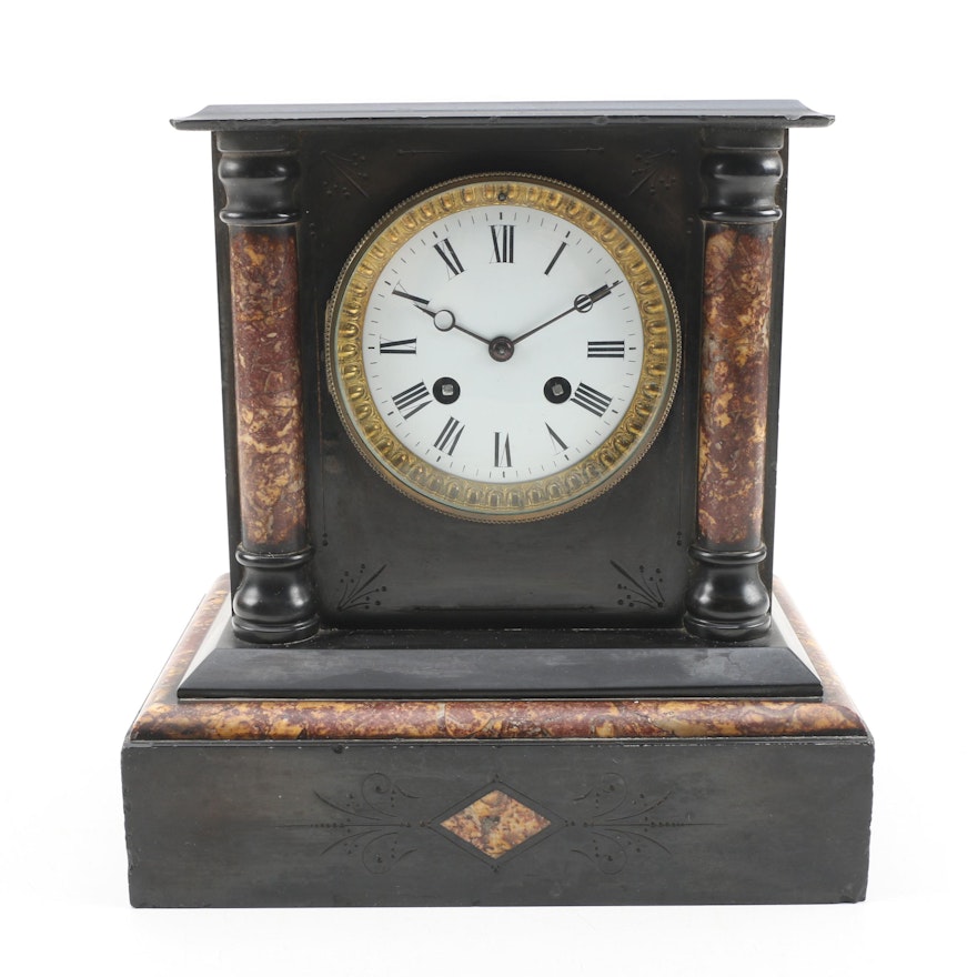 French Black Slate and Marble Mantel Clock, Late 19th/Early 20th Century