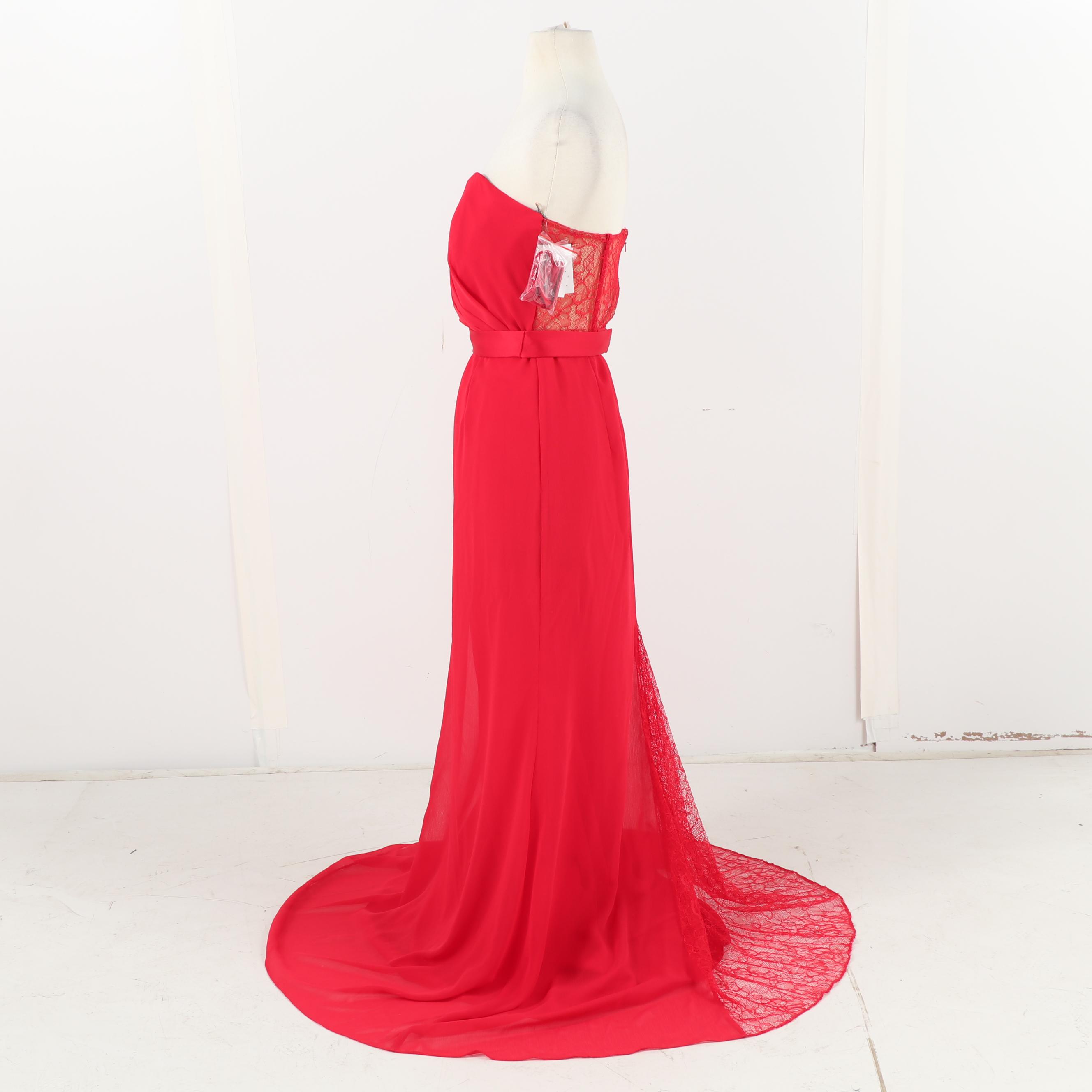 White by Vera Wang Red Strapless Evening Gown Accented with Lace
