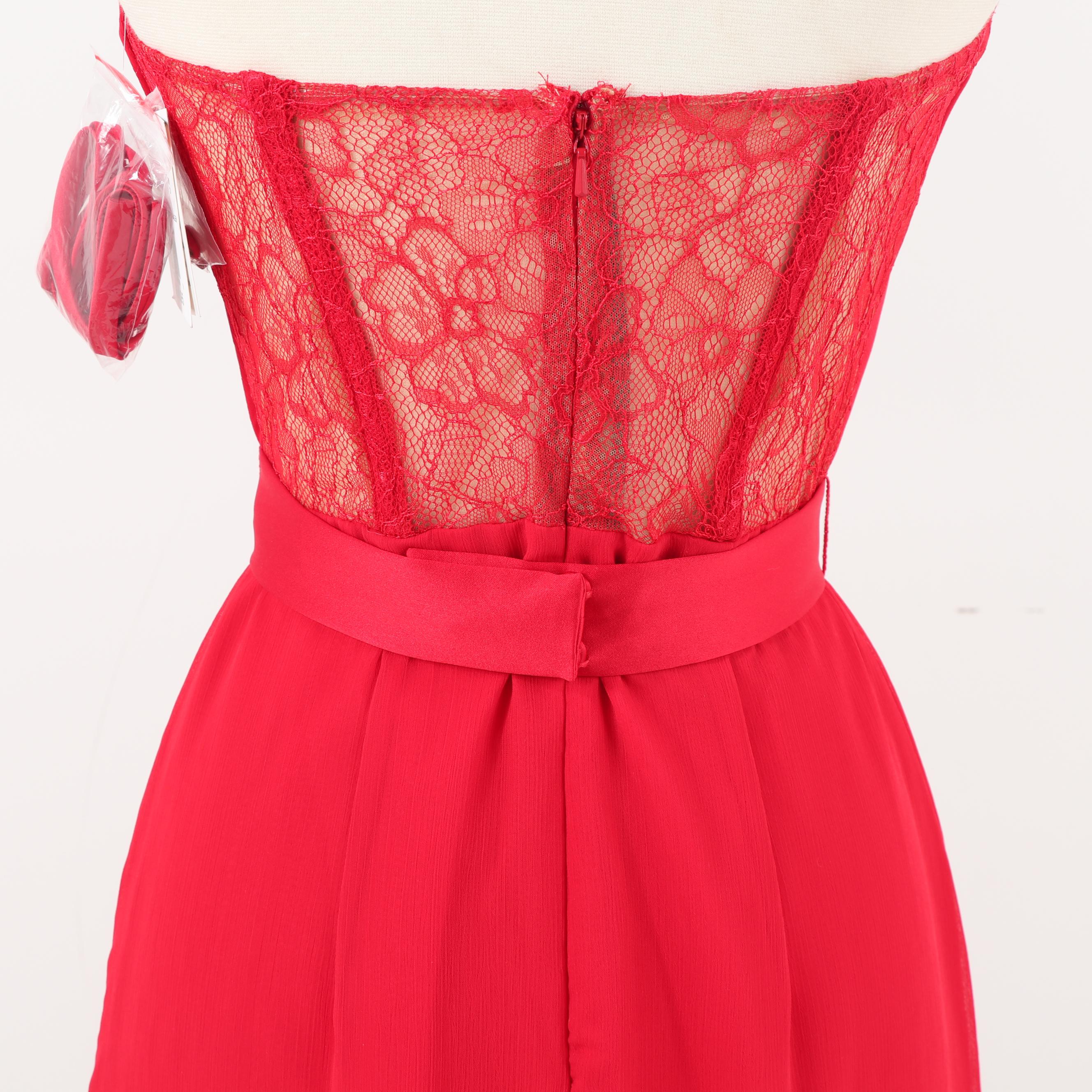 White by Vera Wang Red Strapless Evening Gown Accented with Lace