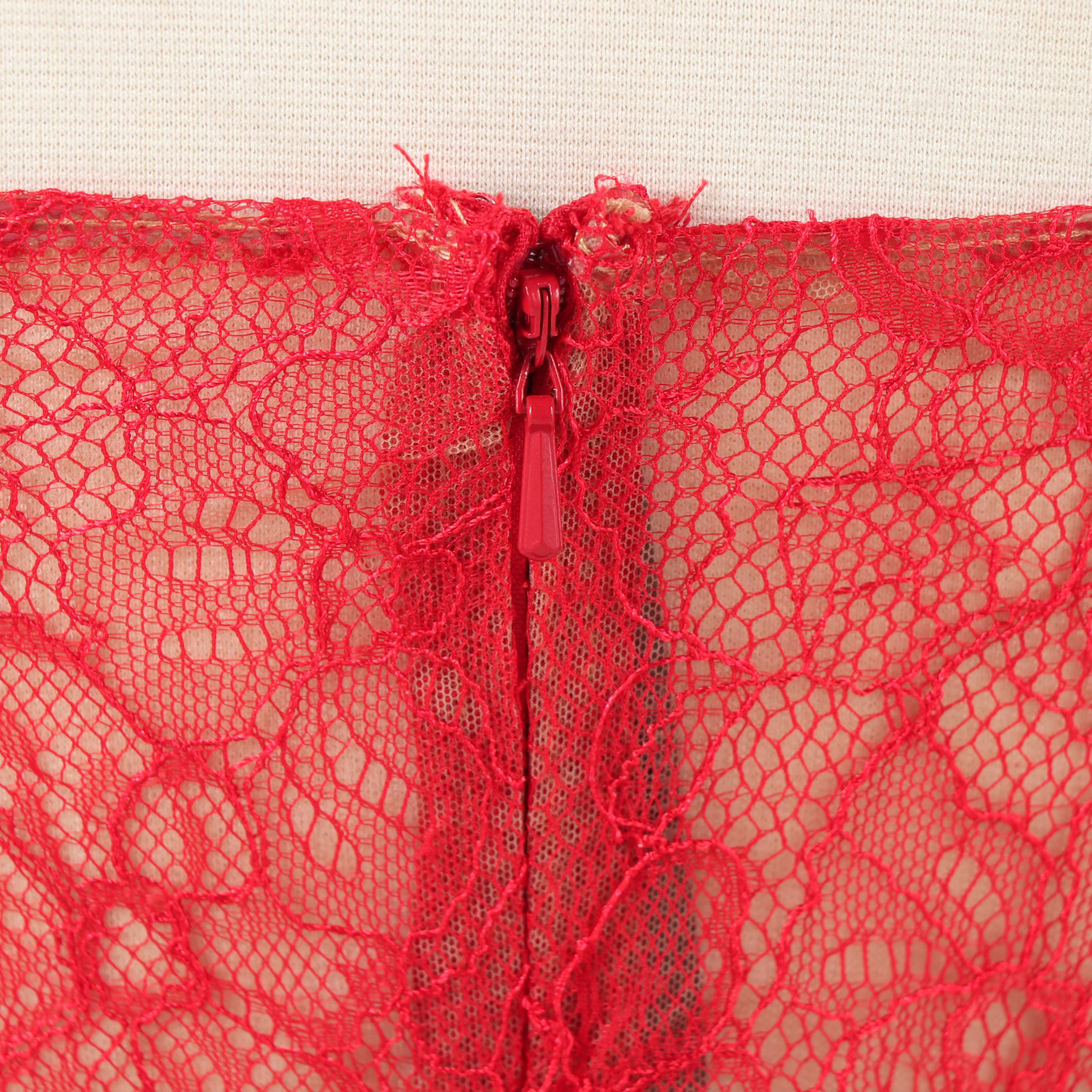 White by Vera Wang Red Strapless Evening Gown Accented with Lace