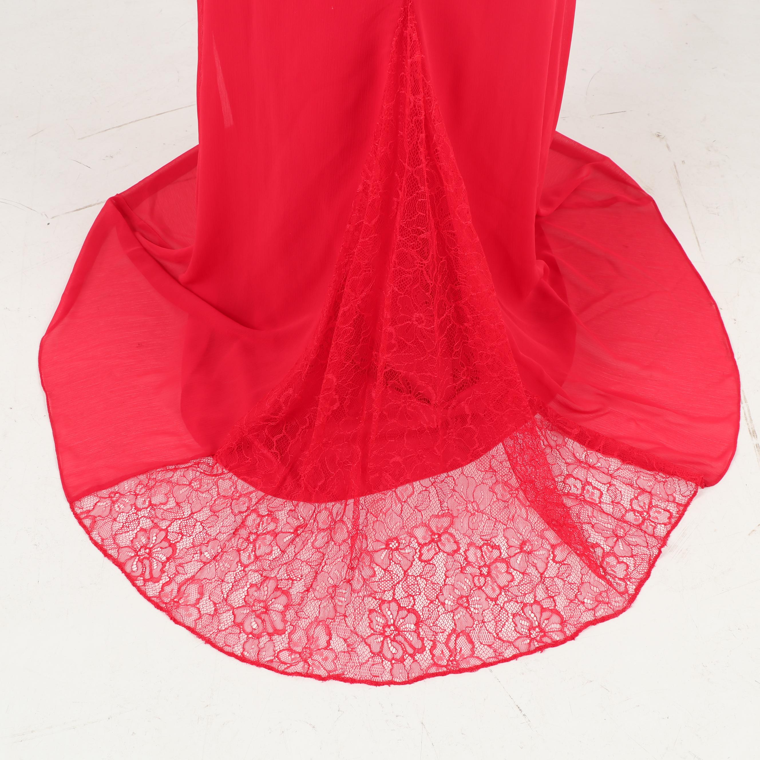 White by Vera Wang Red Strapless Evening Gown Accented with Lace