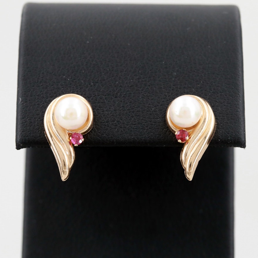 14K Yellow Gold Cultured Pearl and Ruby Earrings