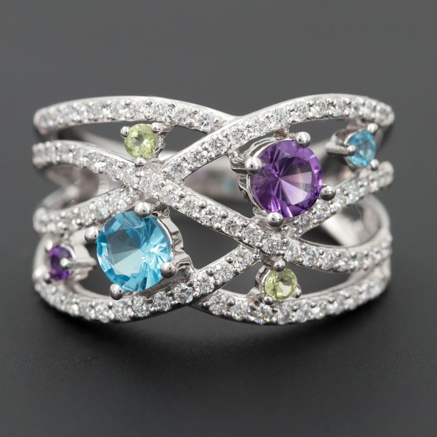 14K White Gold Amethyst, Blue Topaz, Peridot and Diamond Ring