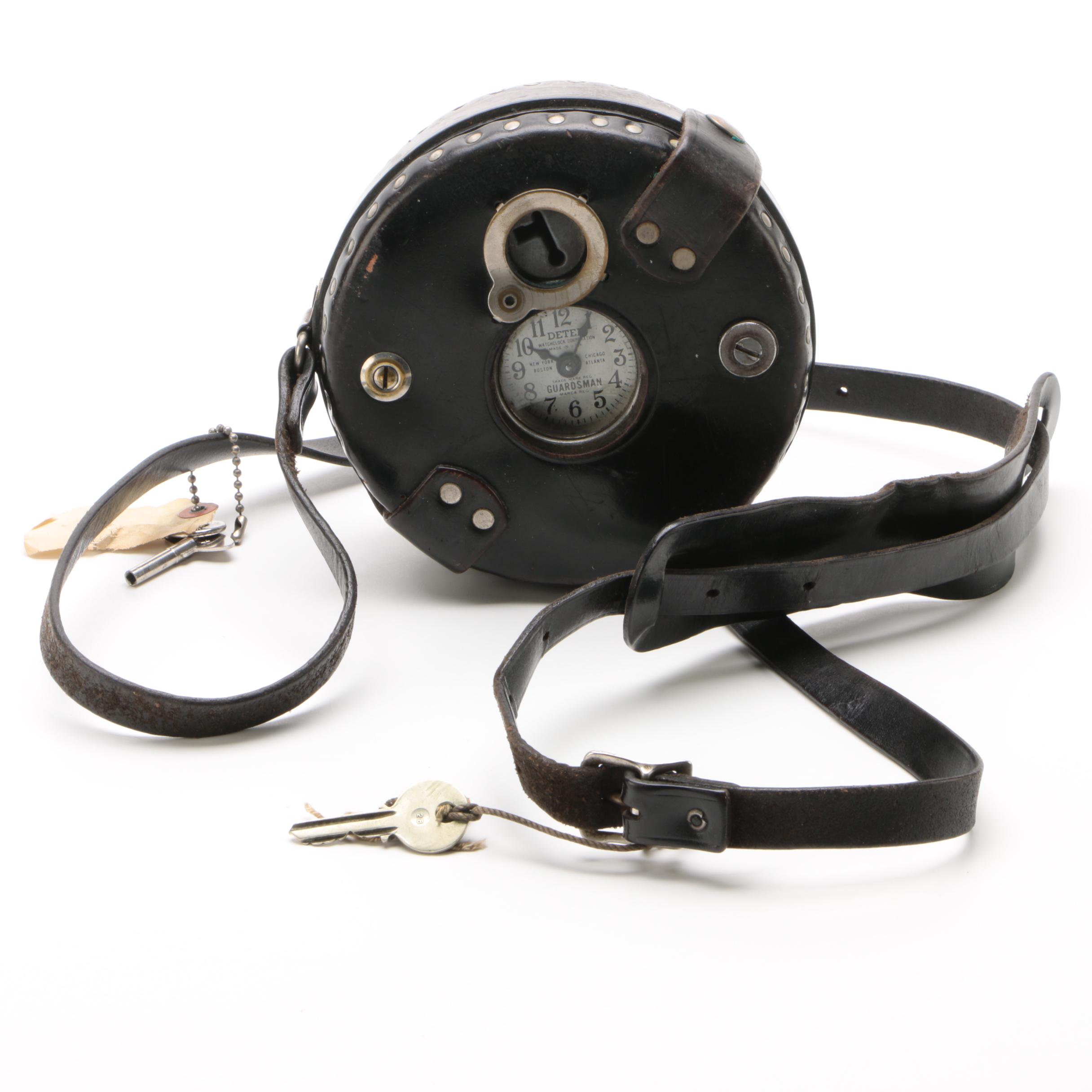 Detex "Guardsman" Security Guard Watchclock in Black Leather Case, Mid-Century