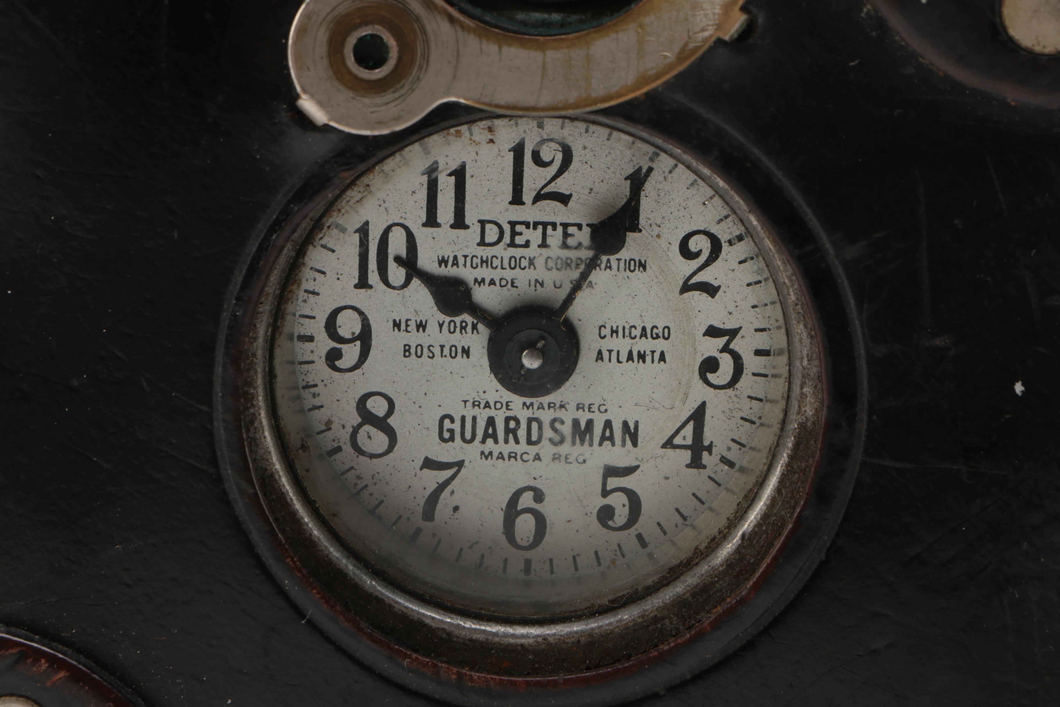 Detex "Guardsman" Security Guard Watchclock in Black Leather Case, Mid-Century