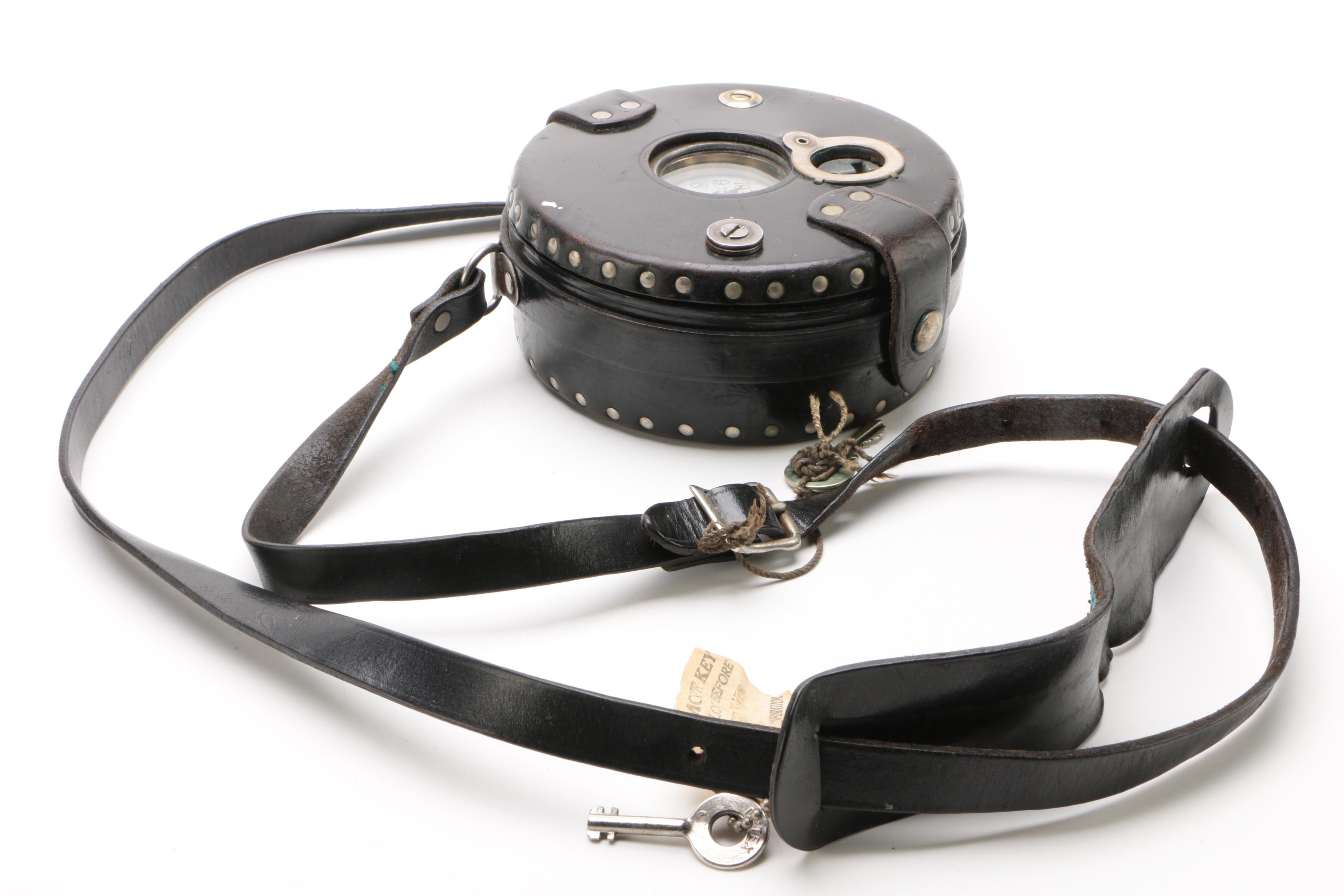 Detex "Guardsman" Security Guard Watchclock in Black Leather Case, Mid-Century