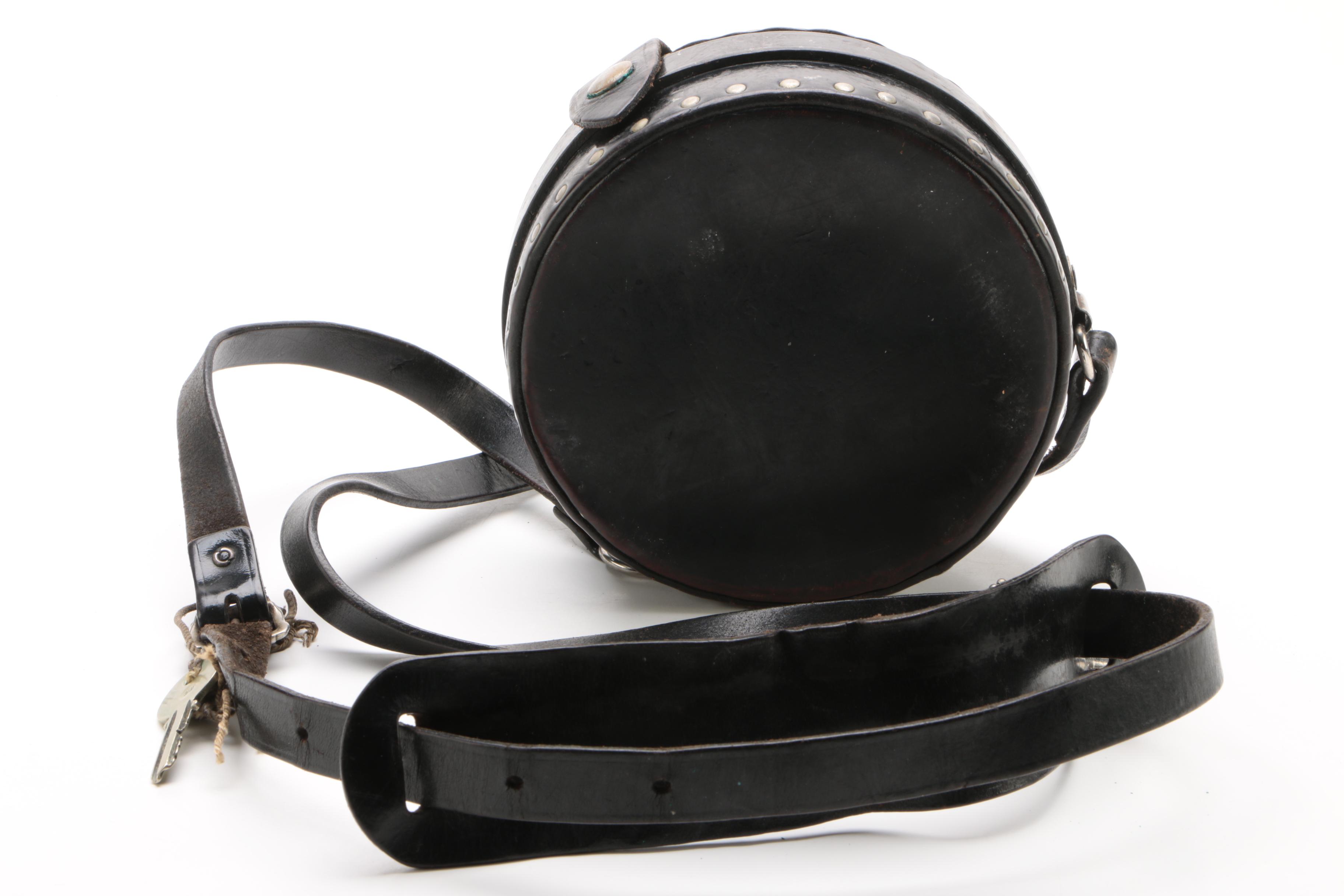 Detex "Guardsman" Security Guard Watchclock in Black Leather Case, Mid-Century