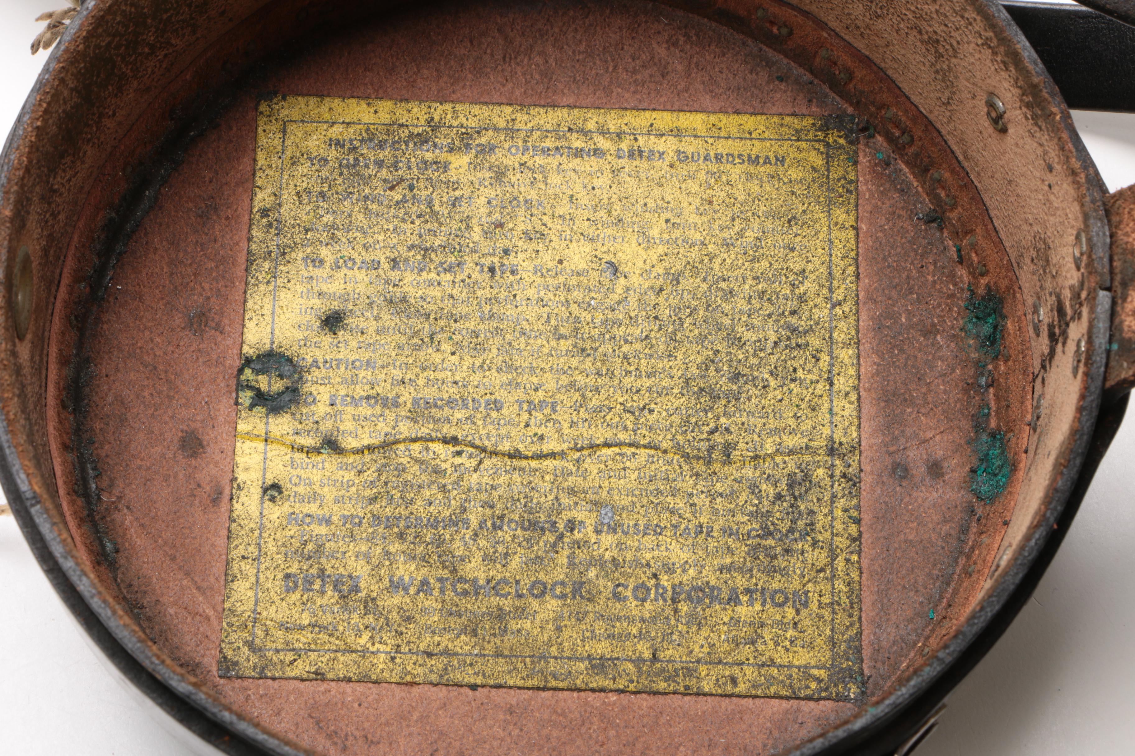 Detex "Guardsman" Security Guard Watchclock in Black Leather Case, Mid-Century