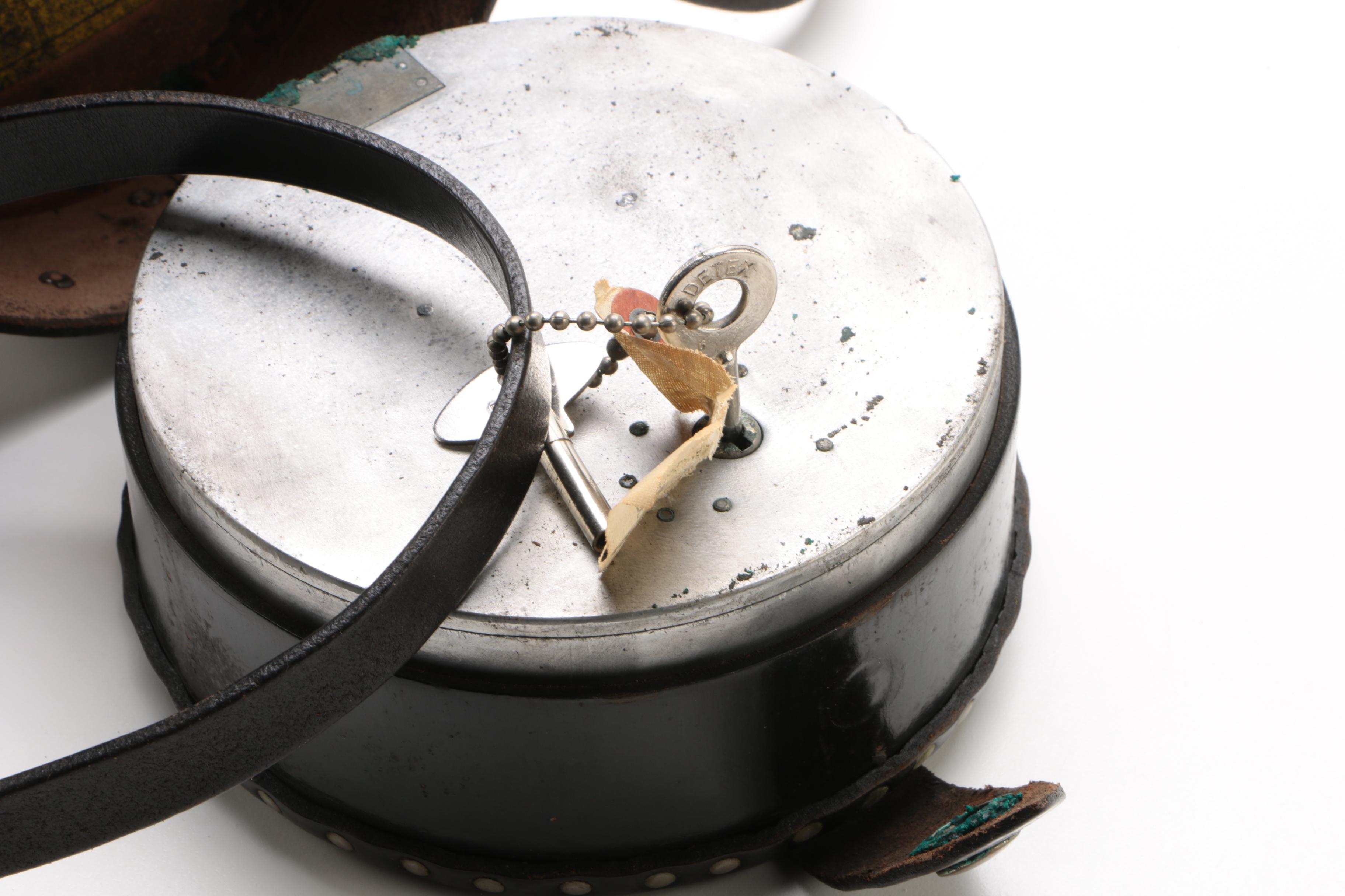 Detex "Guardsman" Security Guard Watchclock in Black Leather Case, Mid-Century