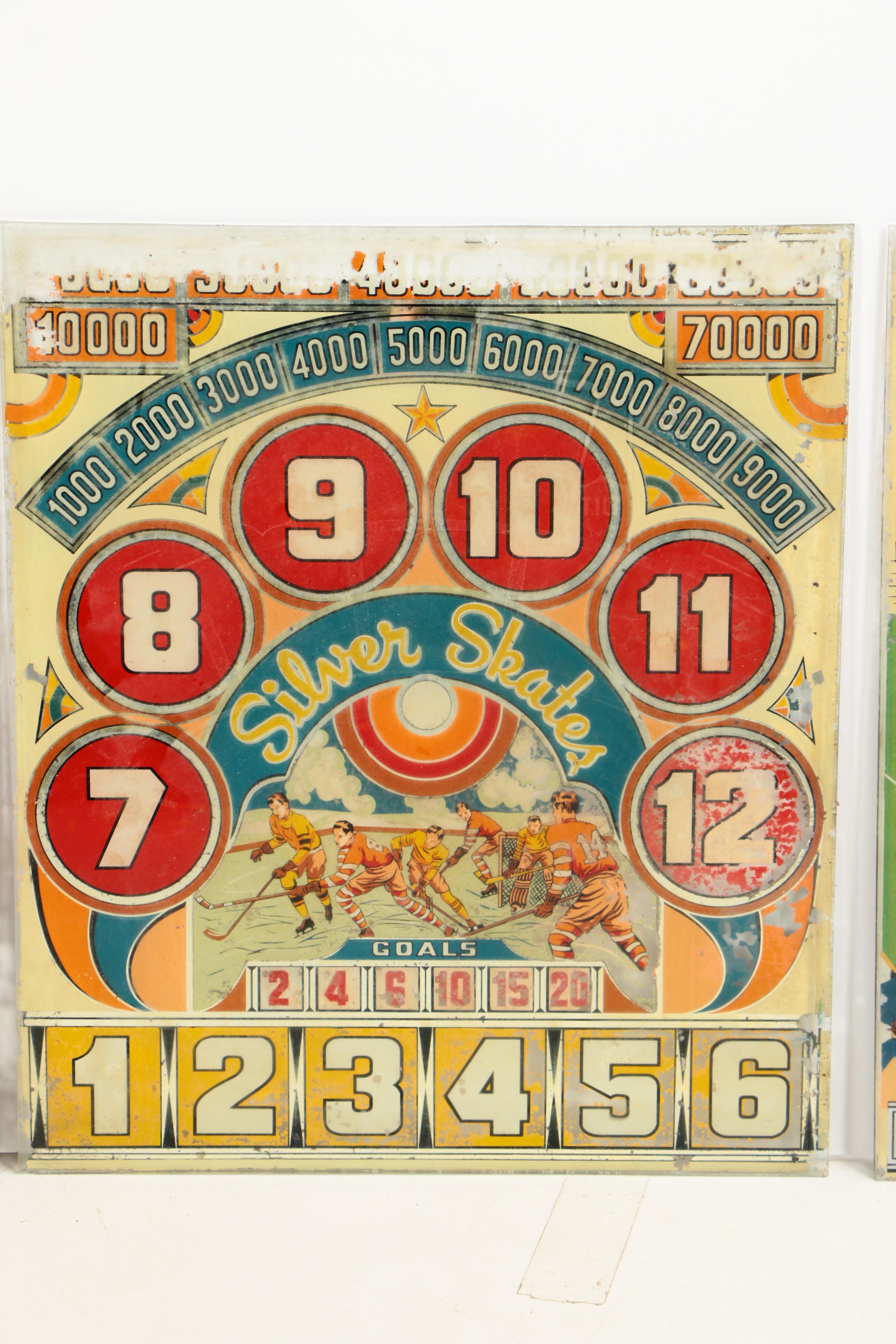 Woodrail Pinball Machine Glass Display Panels, 1930s/1940s