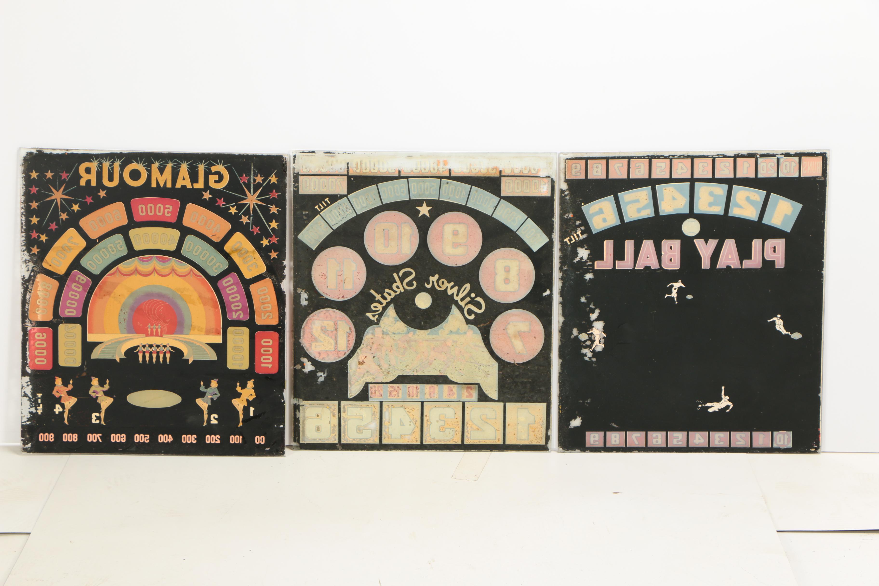 Woodrail Pinball Machine Glass Display Panels, 1930s/1940s