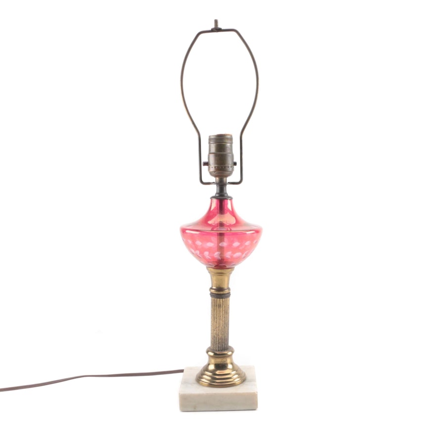 Ruby Flashed Glass Table Lamp with Marble Base and Brass Body