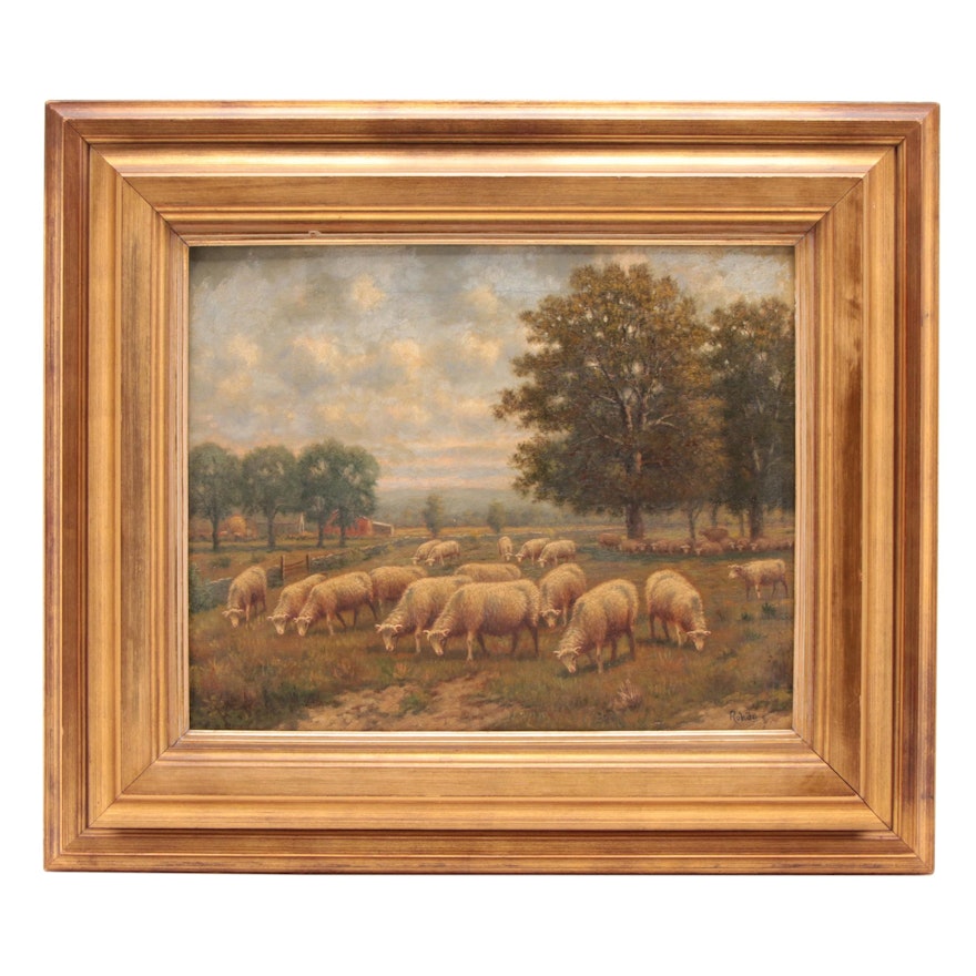 19th Century Herman Rohde Grazing Flock Oil Painting