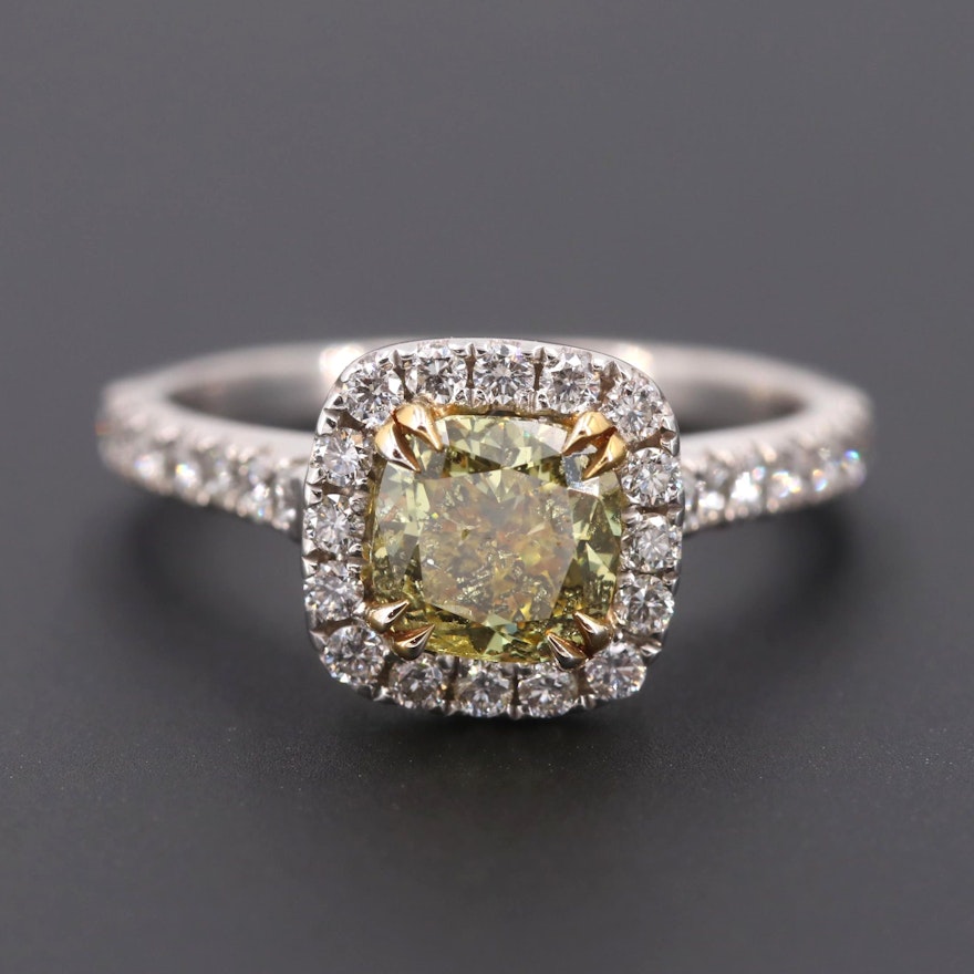 14K White Gold 1.50 CTW Fancy Deep Yellow Diamond Ring with GIA Report