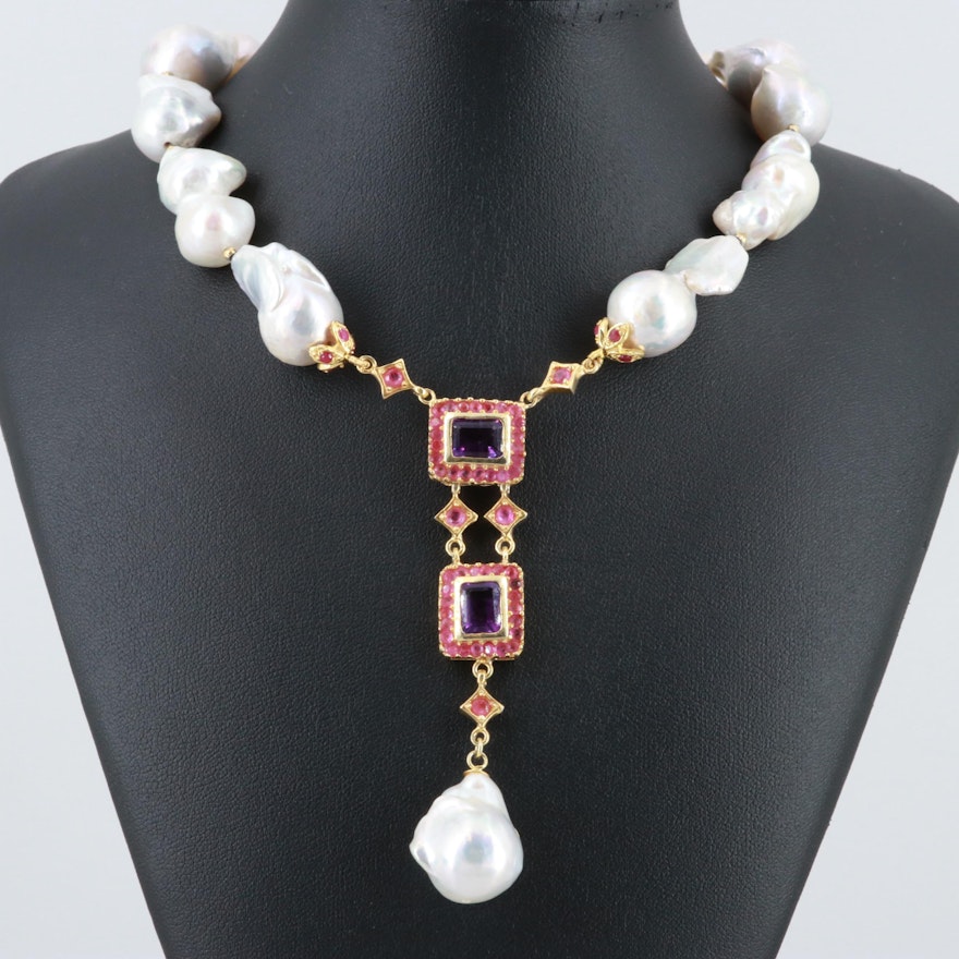 Gold Wash on Sterling Silver Cultured Pearl, Amethyst, and Ruby Necklace