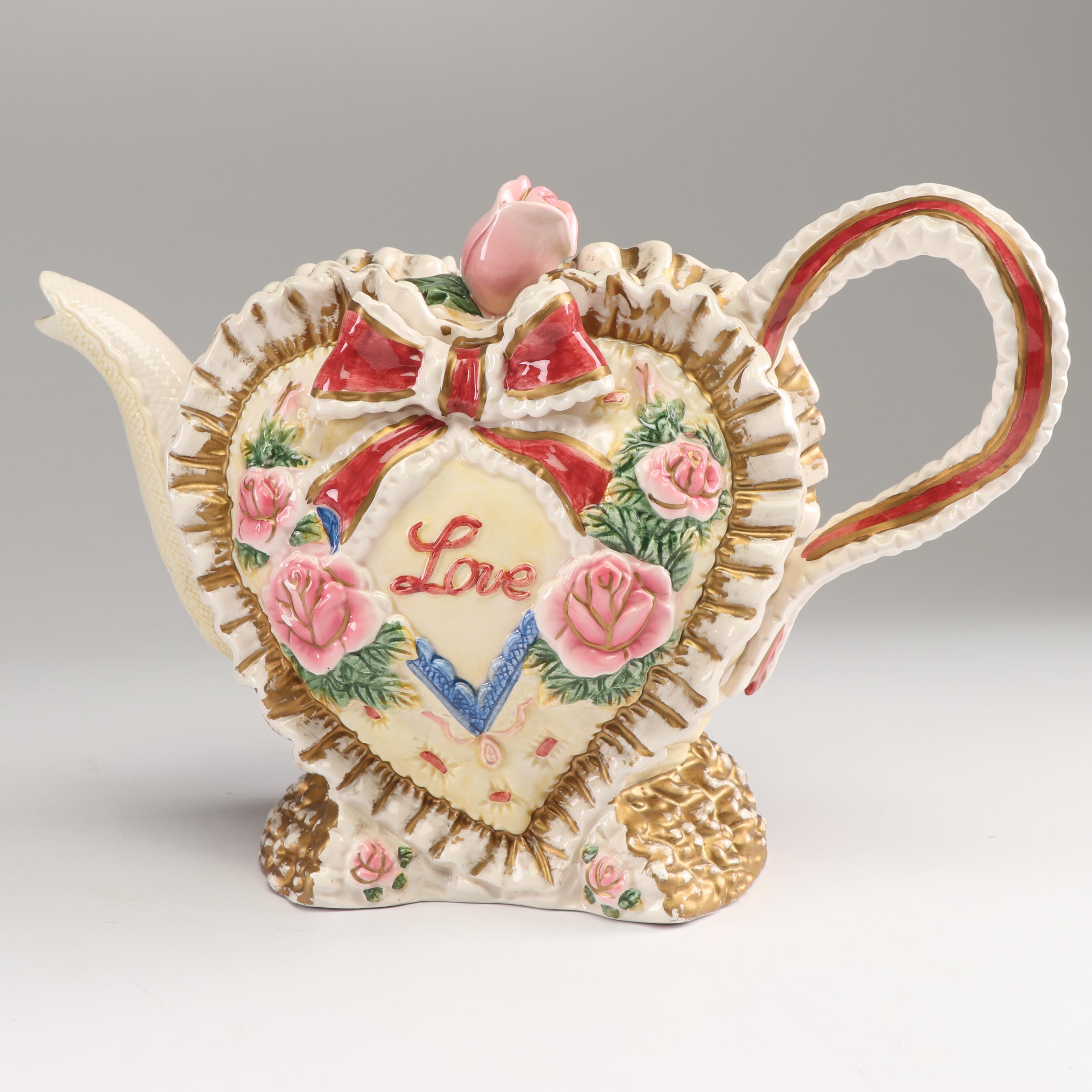 Fitz and Floyd Omnibus "Love" Teapot and Salt and Pepper Shakers, 1996