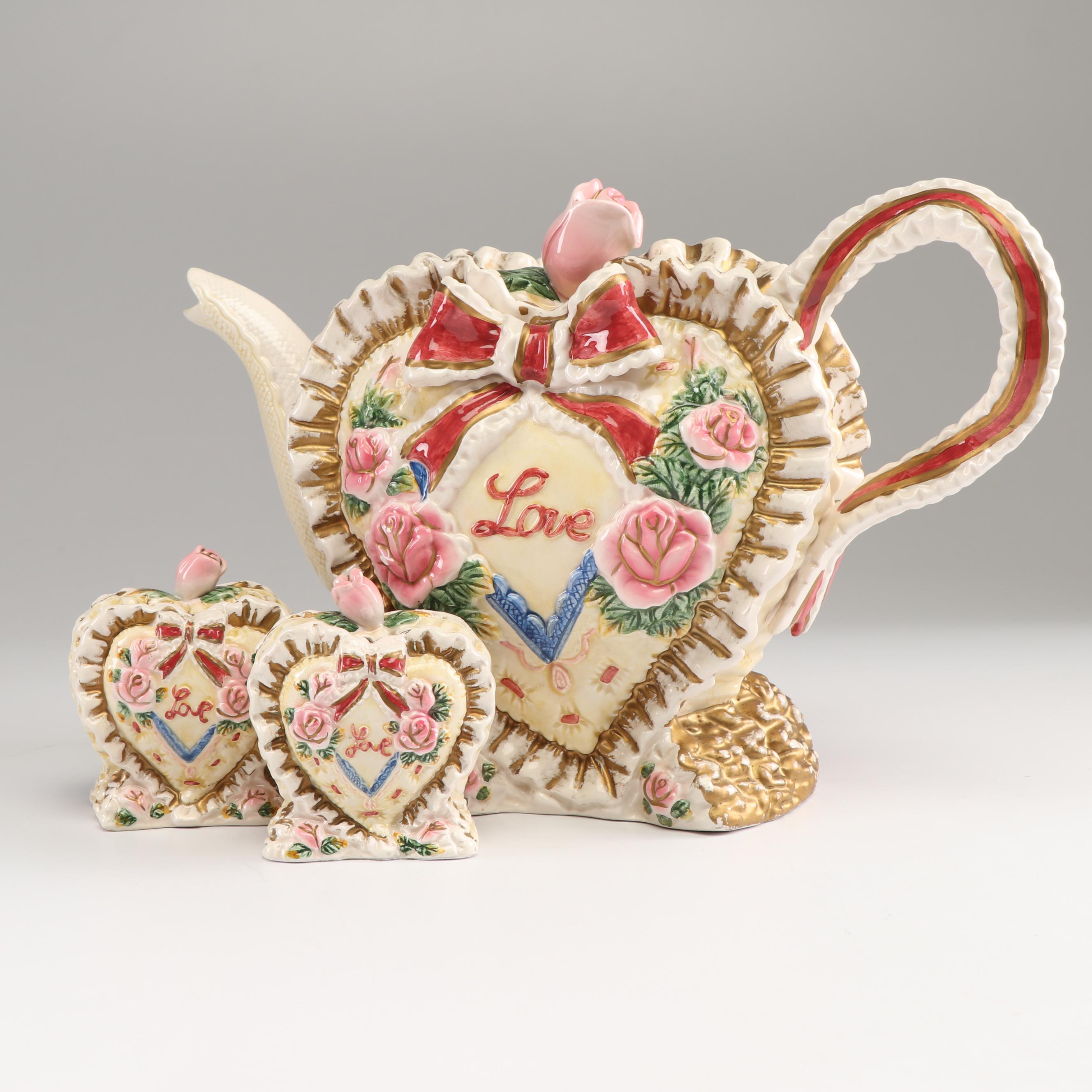 Fitz and Floyd Omnibus "Love" Teapot and Salt and Pepper Shakers, 1996