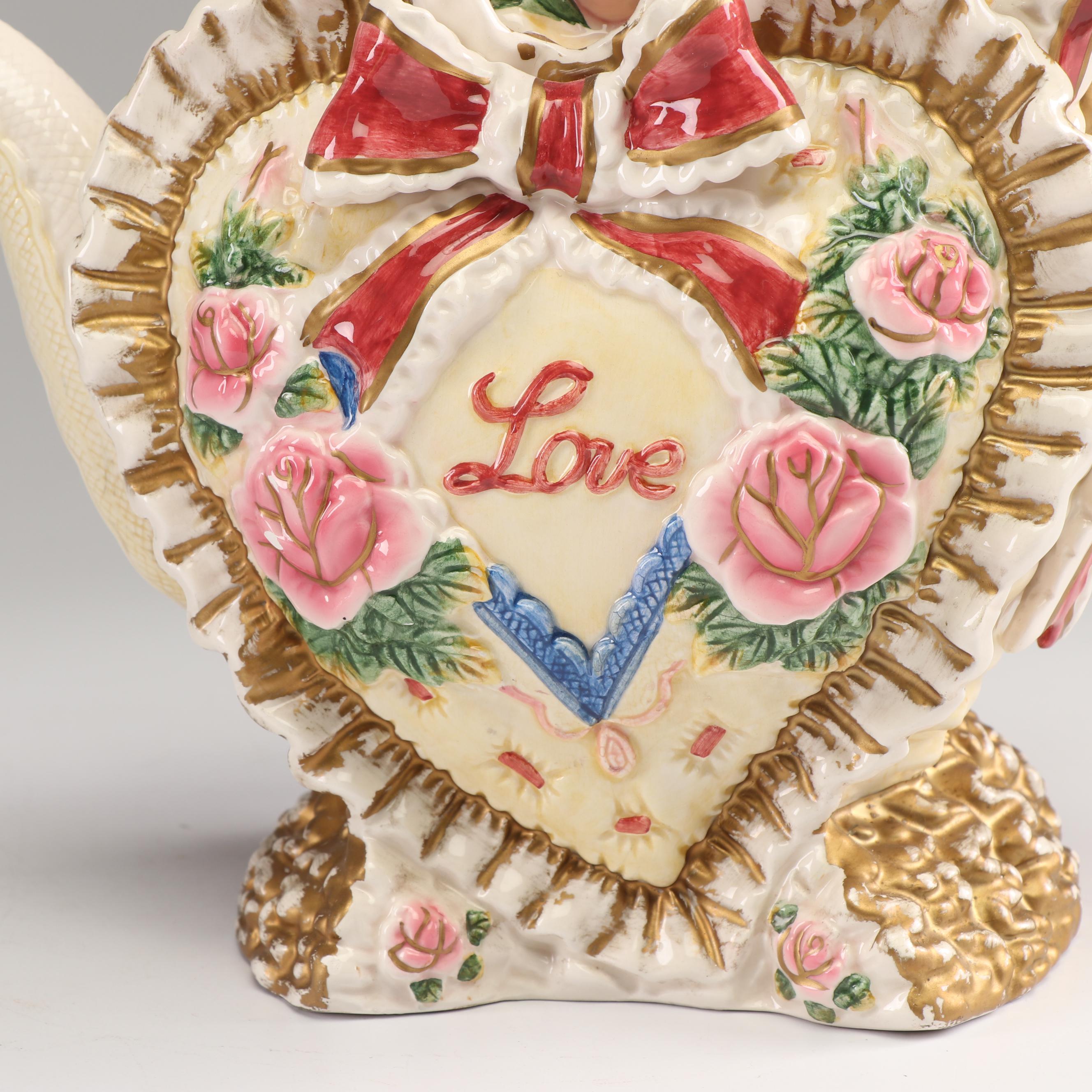 Fitz and Floyd Omnibus "Love" Teapot and Salt and Pepper Shakers, 1996