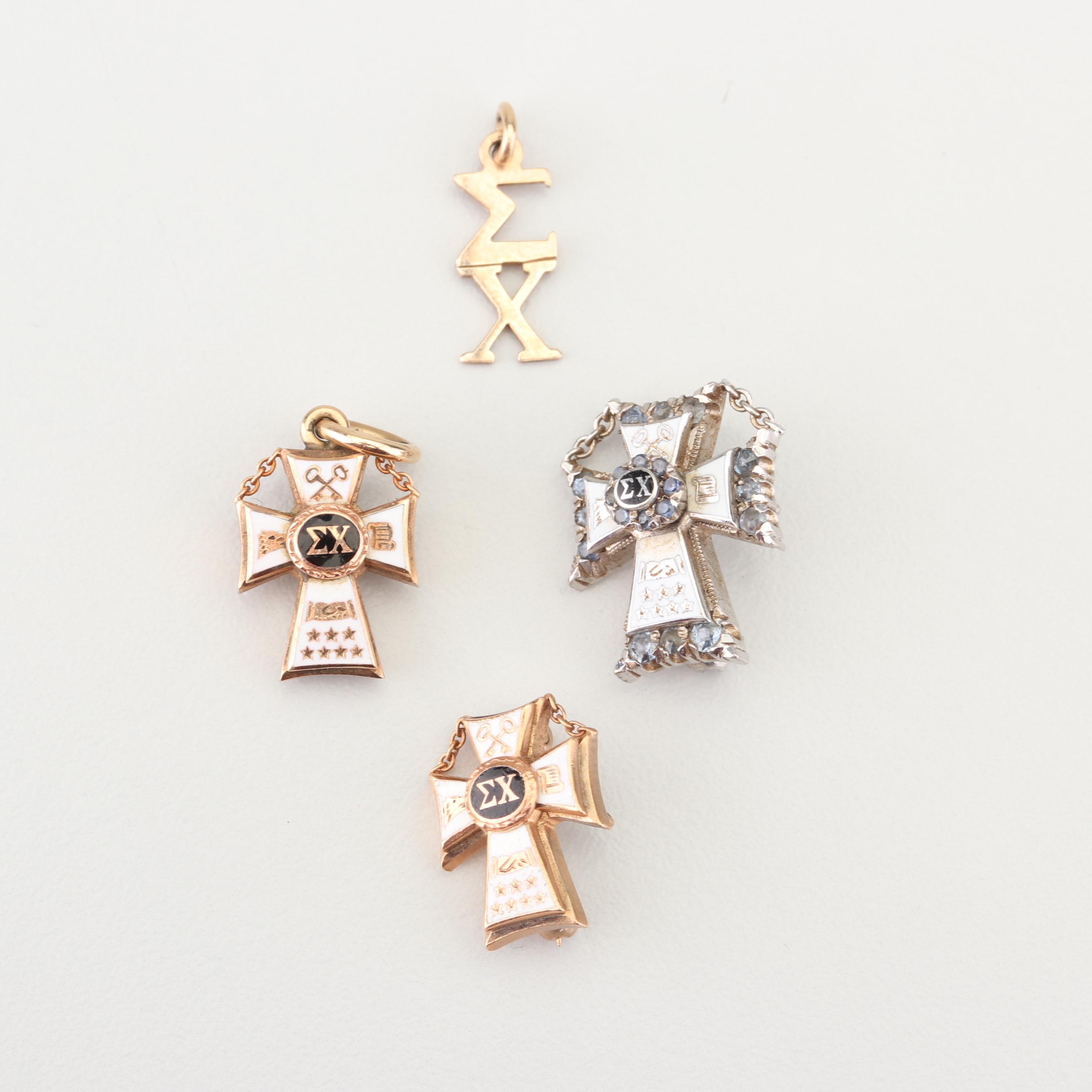 10K Yellow and White Gold Sigma Chi Pins and Charm with Gemstone Accents
