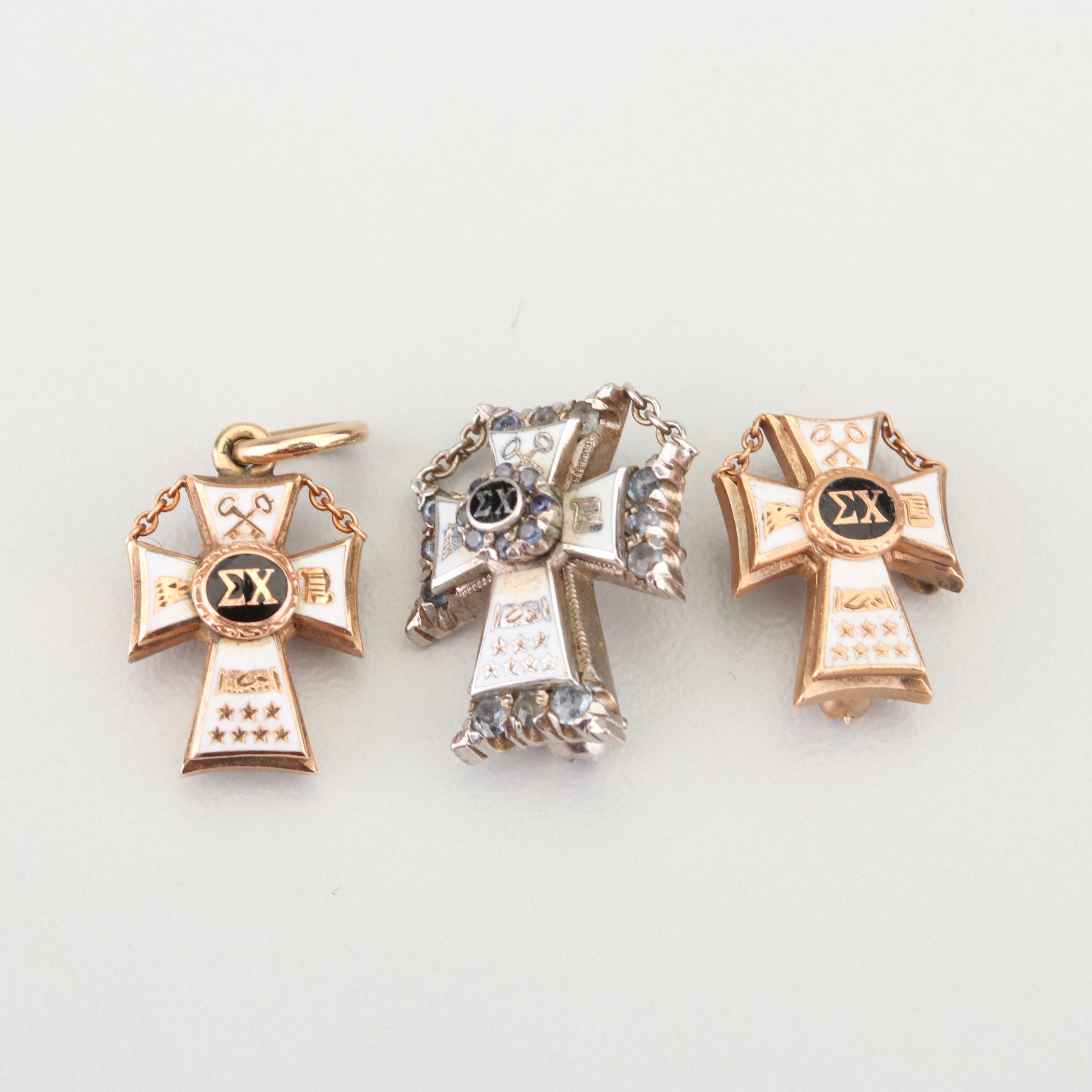 10K Yellow and White Gold Sigma Chi Pins and Charm with Gemstone Accents