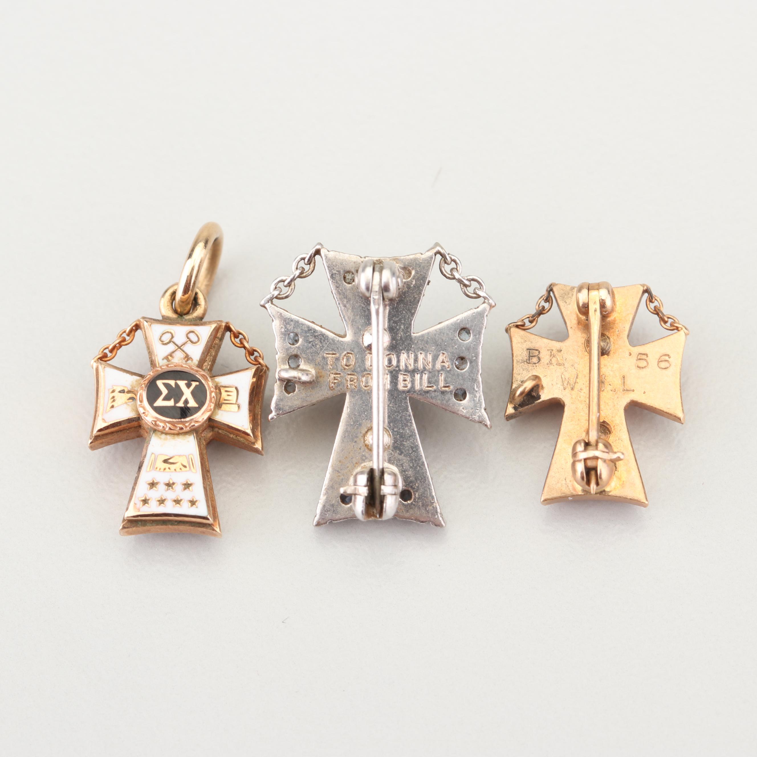 10K Yellow and White Gold Sigma Chi Pins and Charm with Gemstone Accents