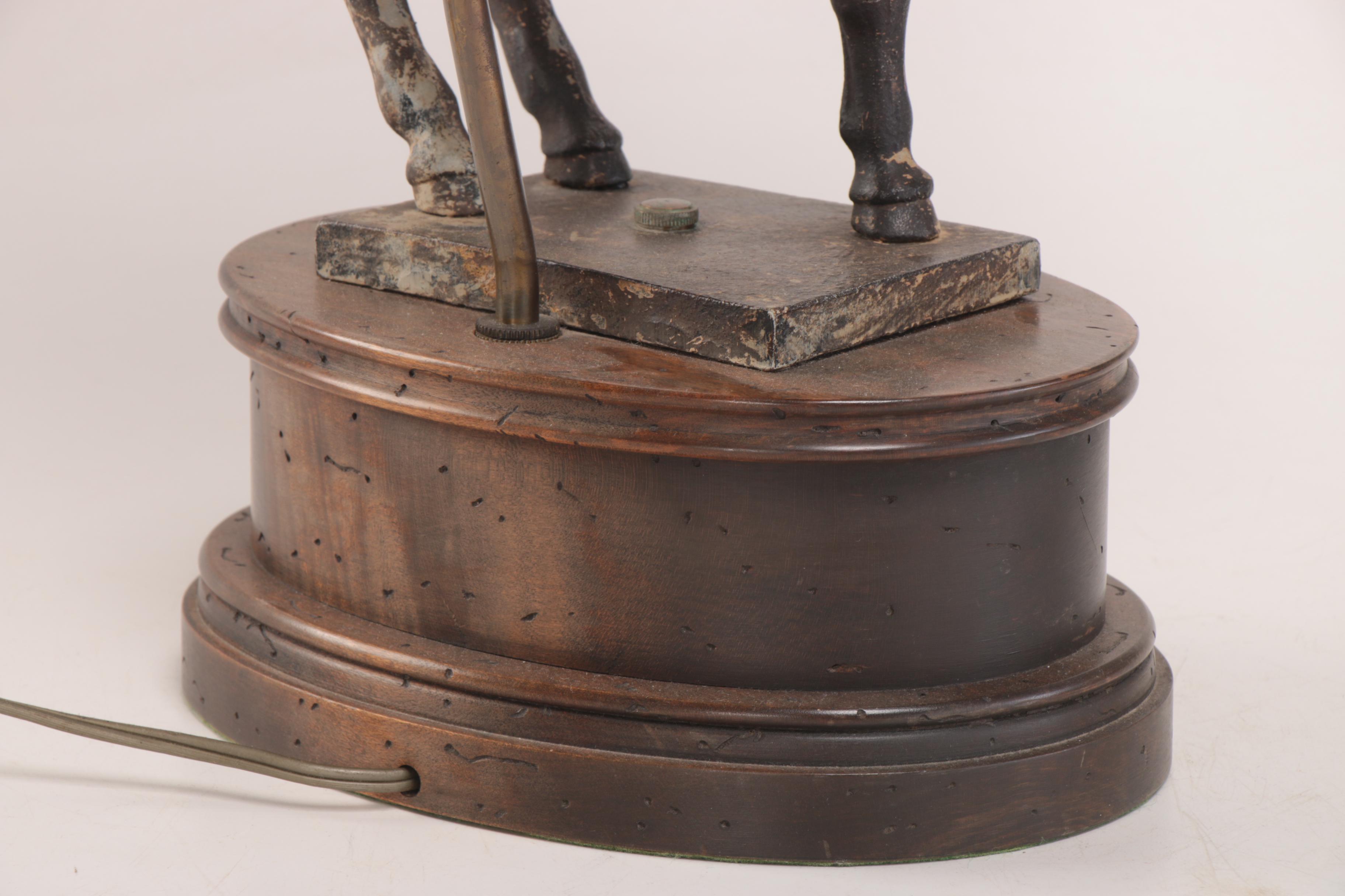 Cast Iron Horse on Wood Base Lamp with Roseart Silk Shade