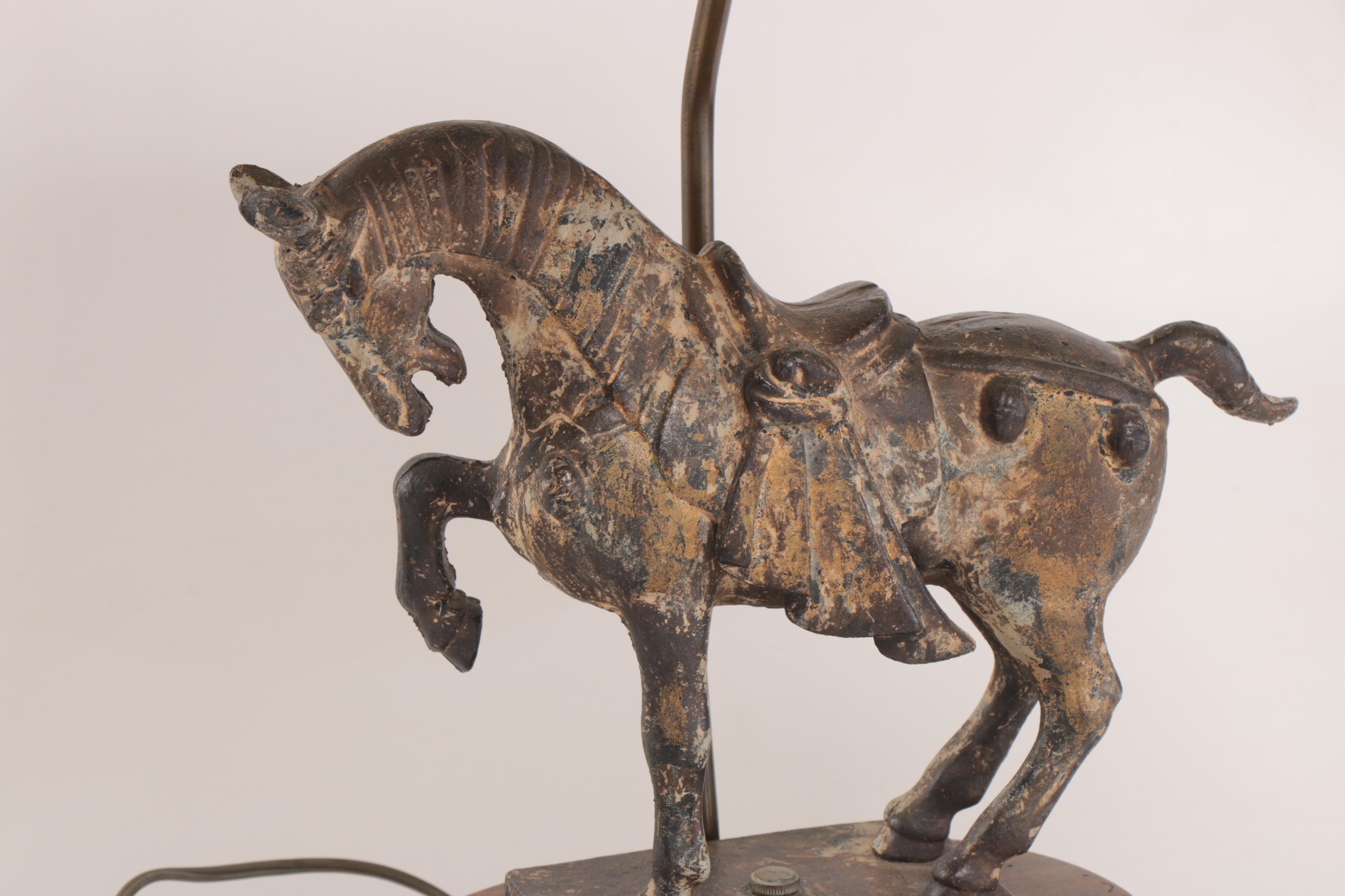 Cast Iron Horse on Wood Base Lamp with Roseart Silk Shade