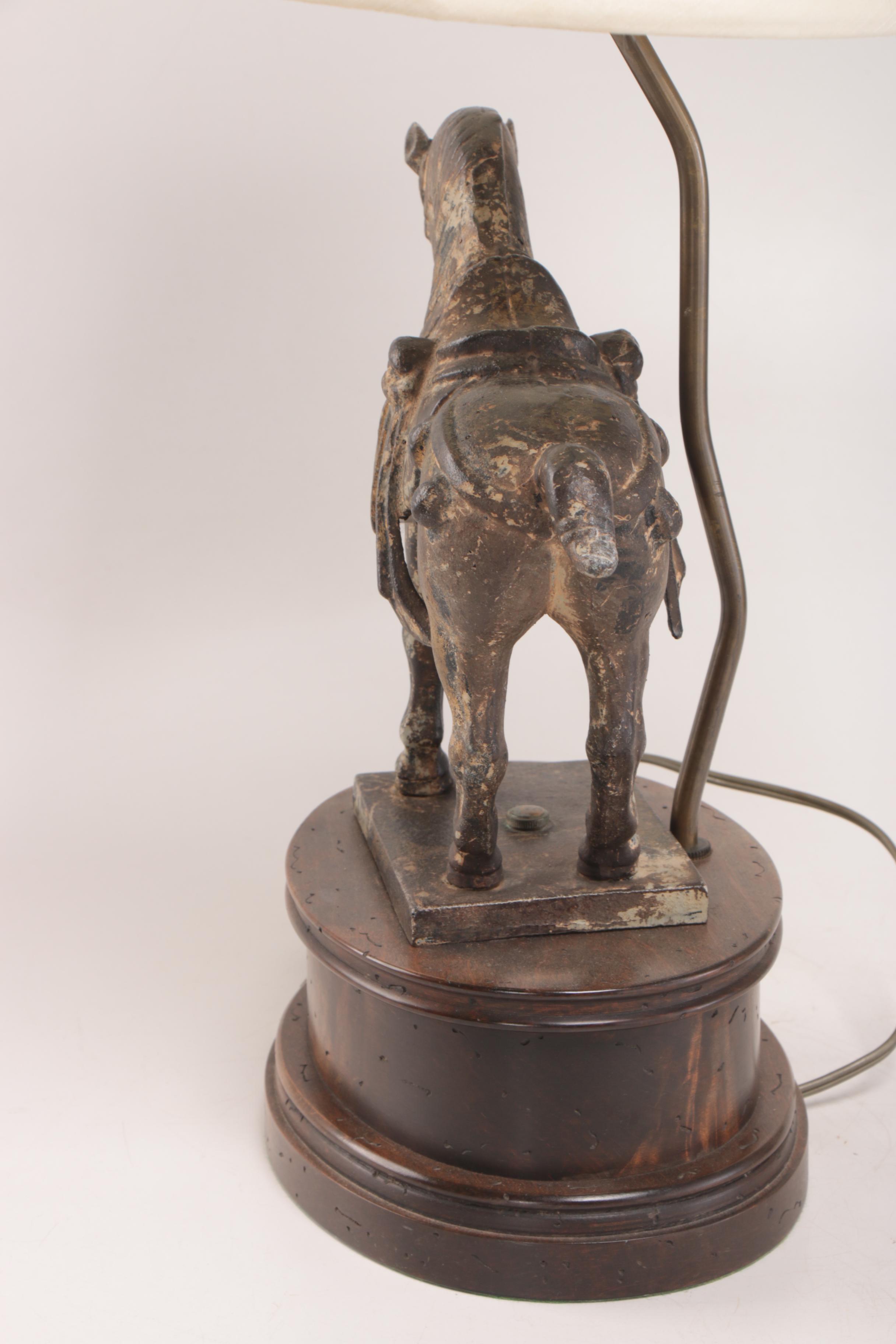 Cast Iron Horse on Wood Base Lamp with Roseart Silk Shade