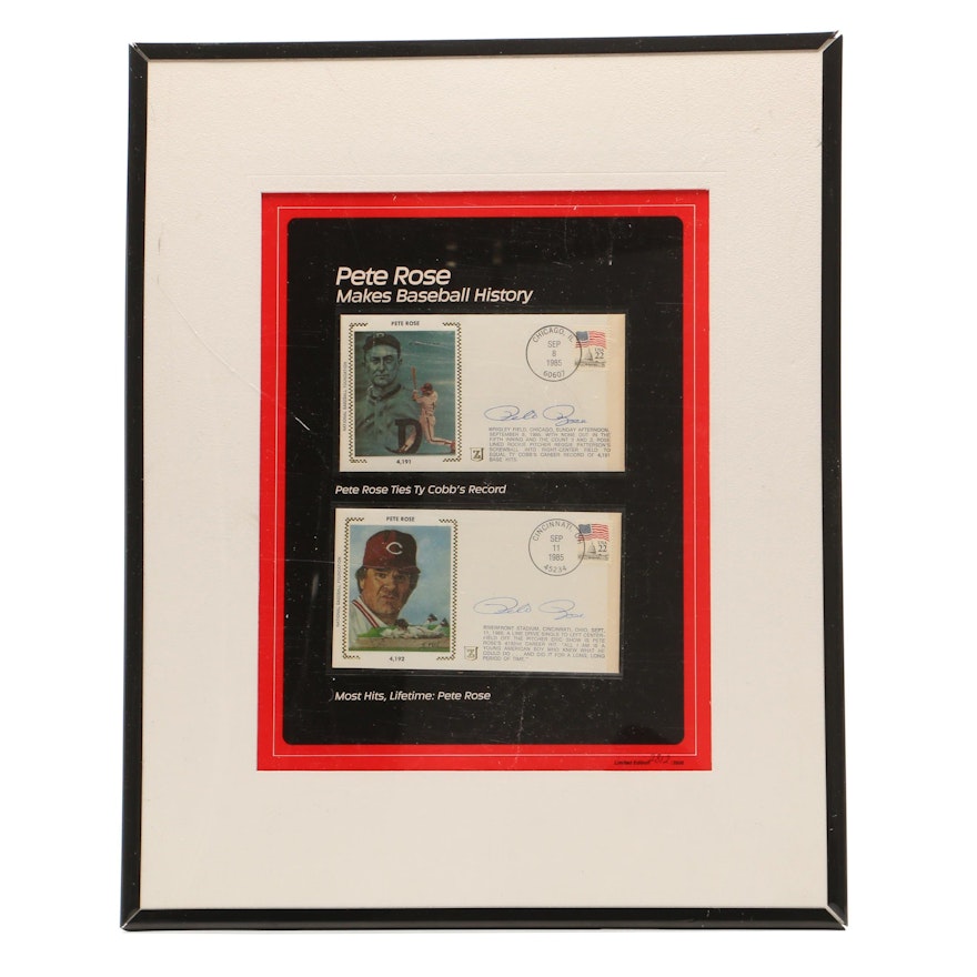 Framed Pete Rose Signed First Issue Hit Records Envelopes, Limited