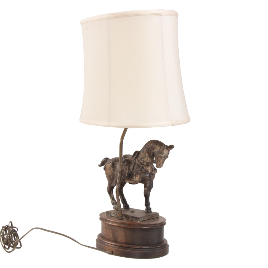 Cast Iron Horse on Wood Base Lamp with Roseart Silk Shade