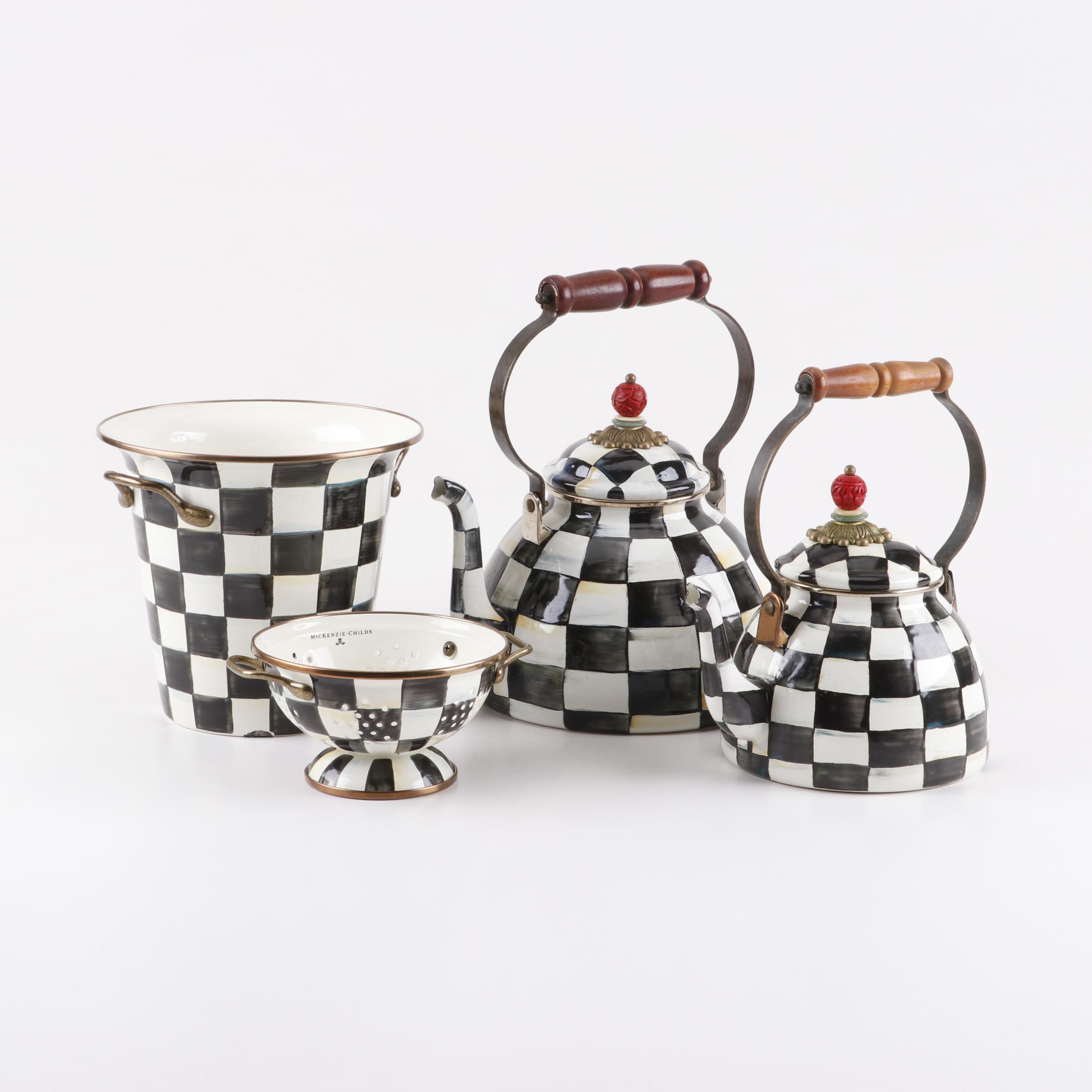MacKenzie-Childs "Courtly Check" Tea Kettles, Colander, and Wine Cooler