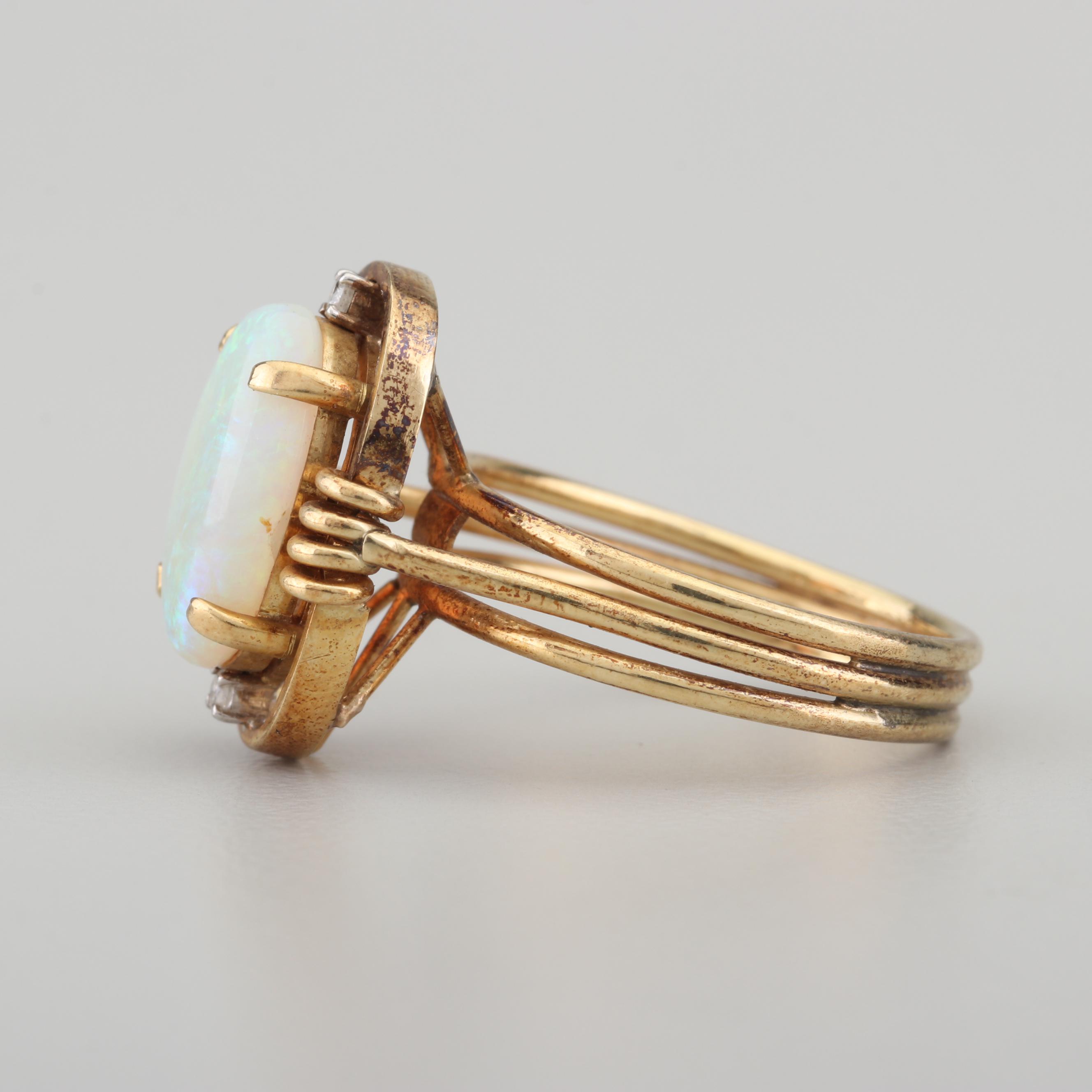 14K Yellow Gold Opal and Diamond Ring