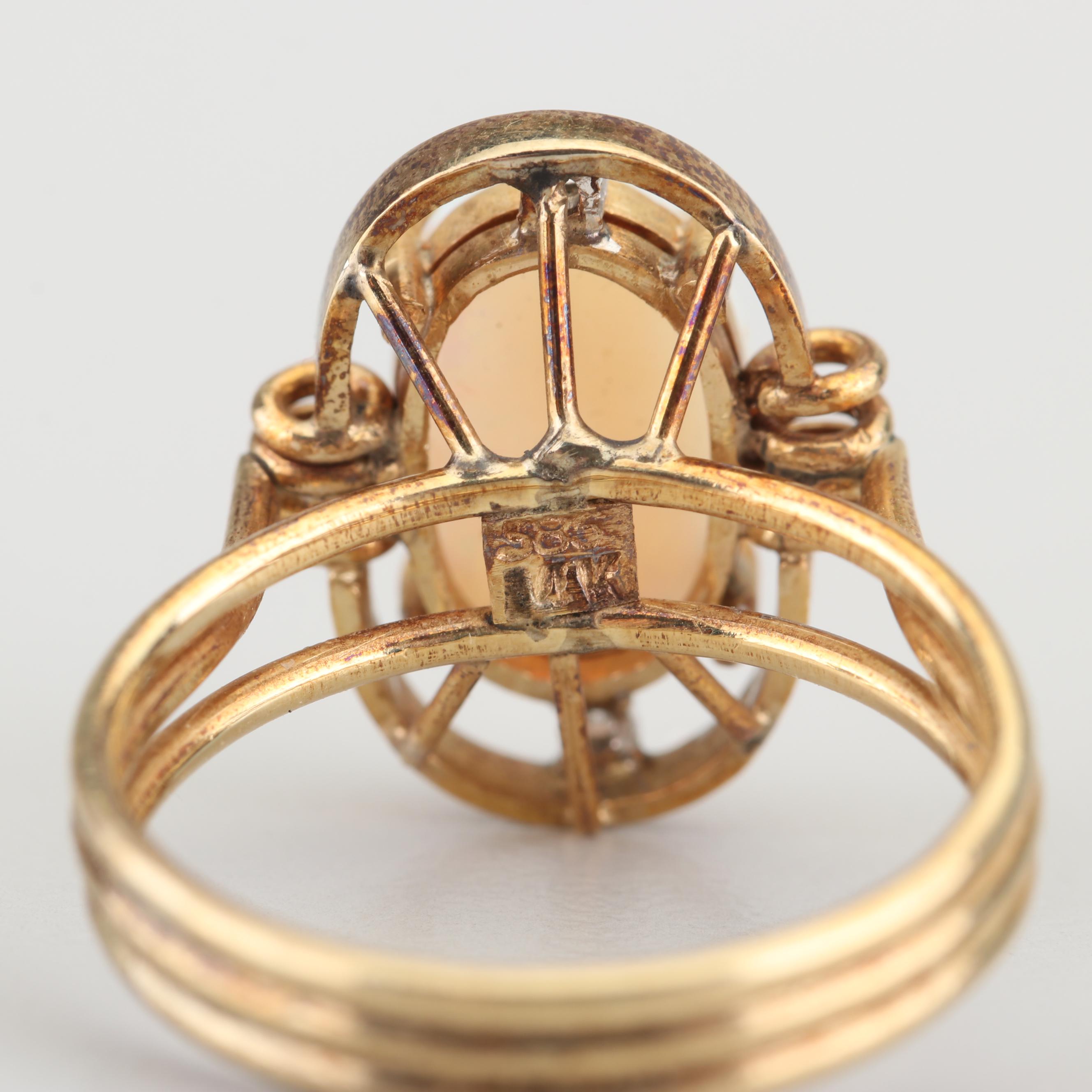 14K Yellow Gold Opal and Diamond Ring