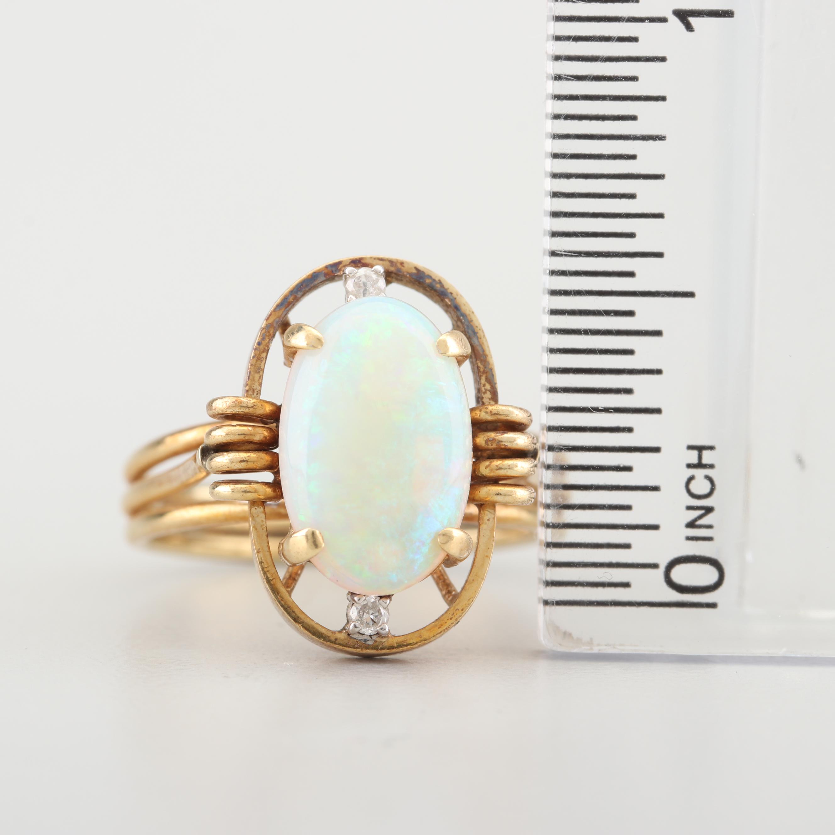 14K Yellow Gold Opal and Diamond Ring