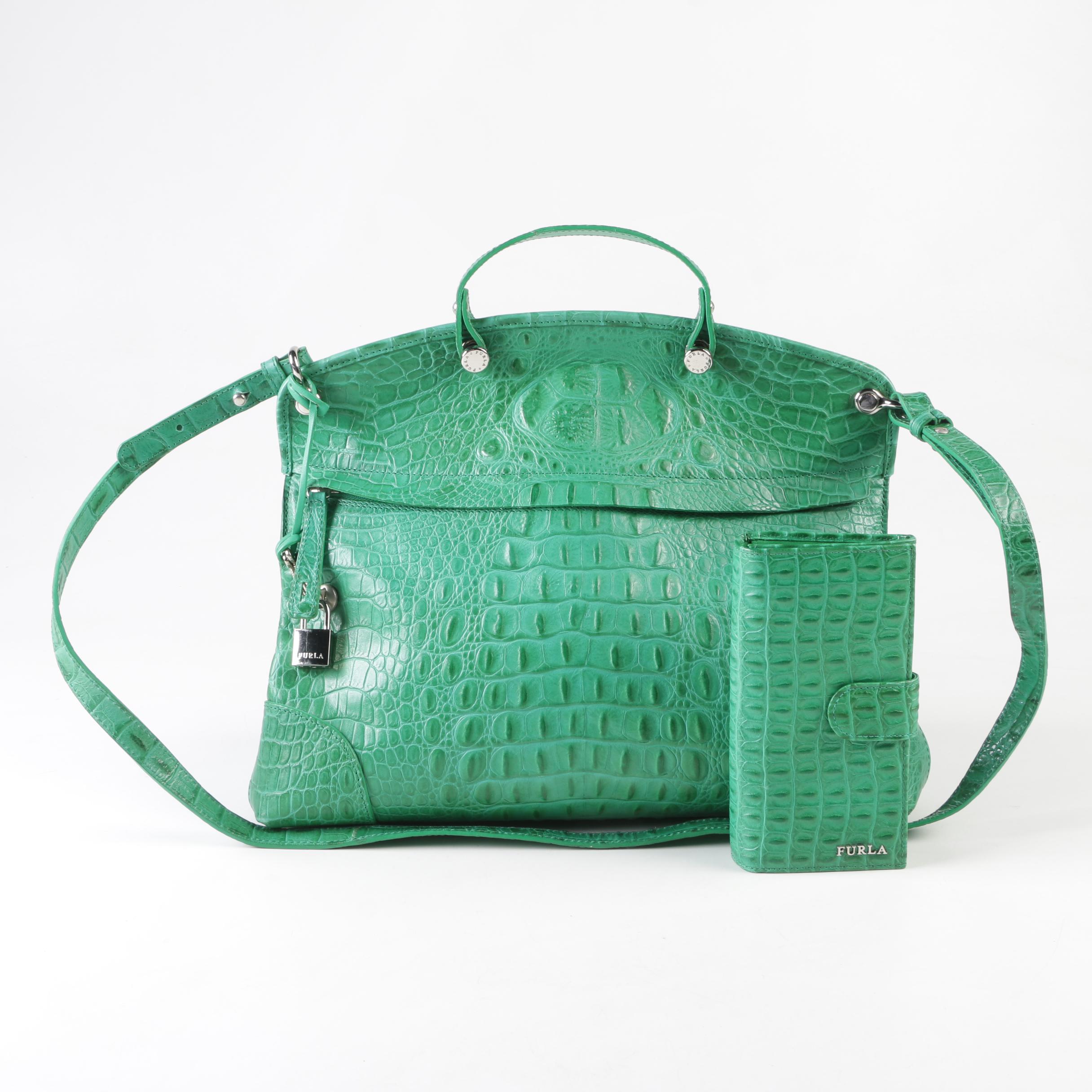 Furla Crocodile Embossed Green Leather Piper Bag with Wallet