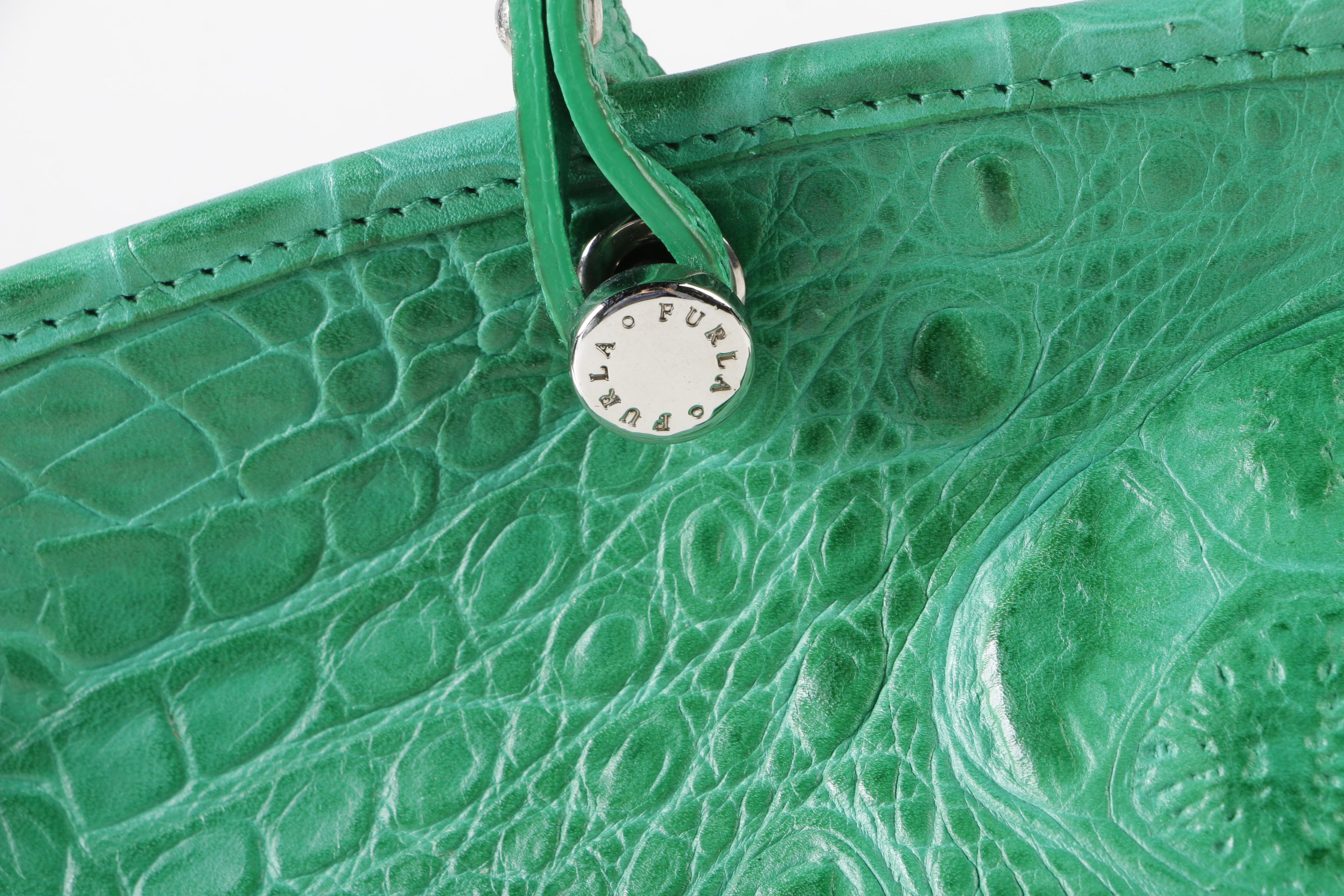 Furla Crocodile Embossed Green Leather Piper Bag with Wallet