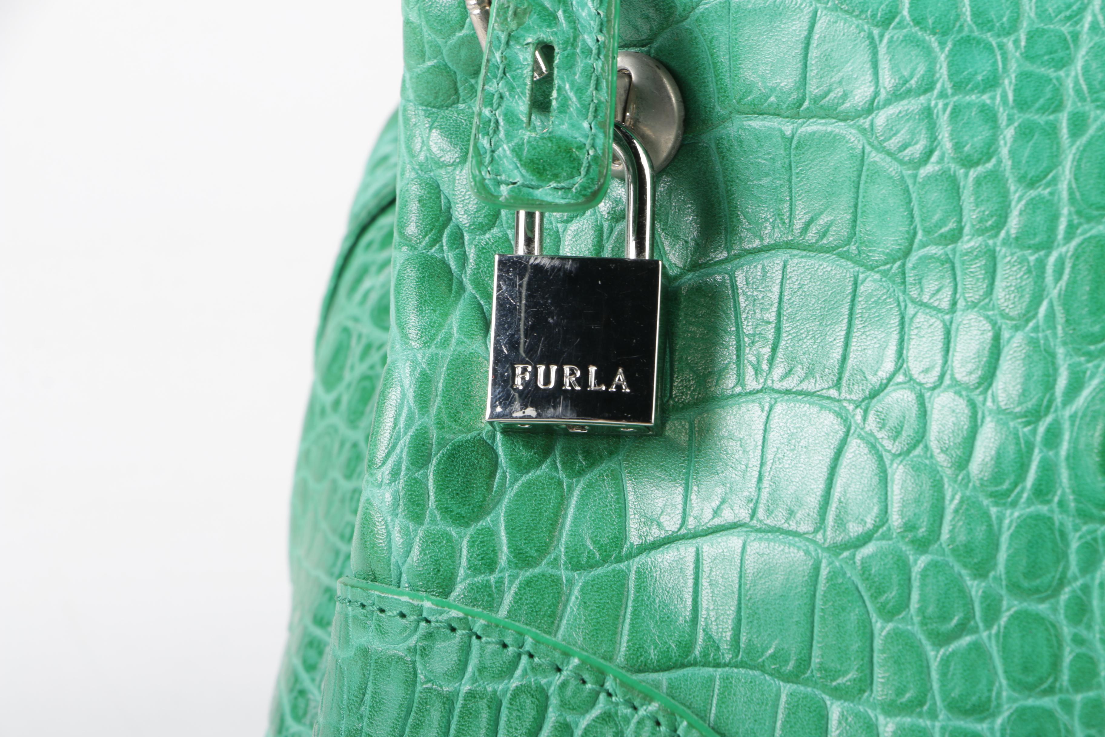 Furla Crocodile Embossed Green Leather Piper Bag with Wallet