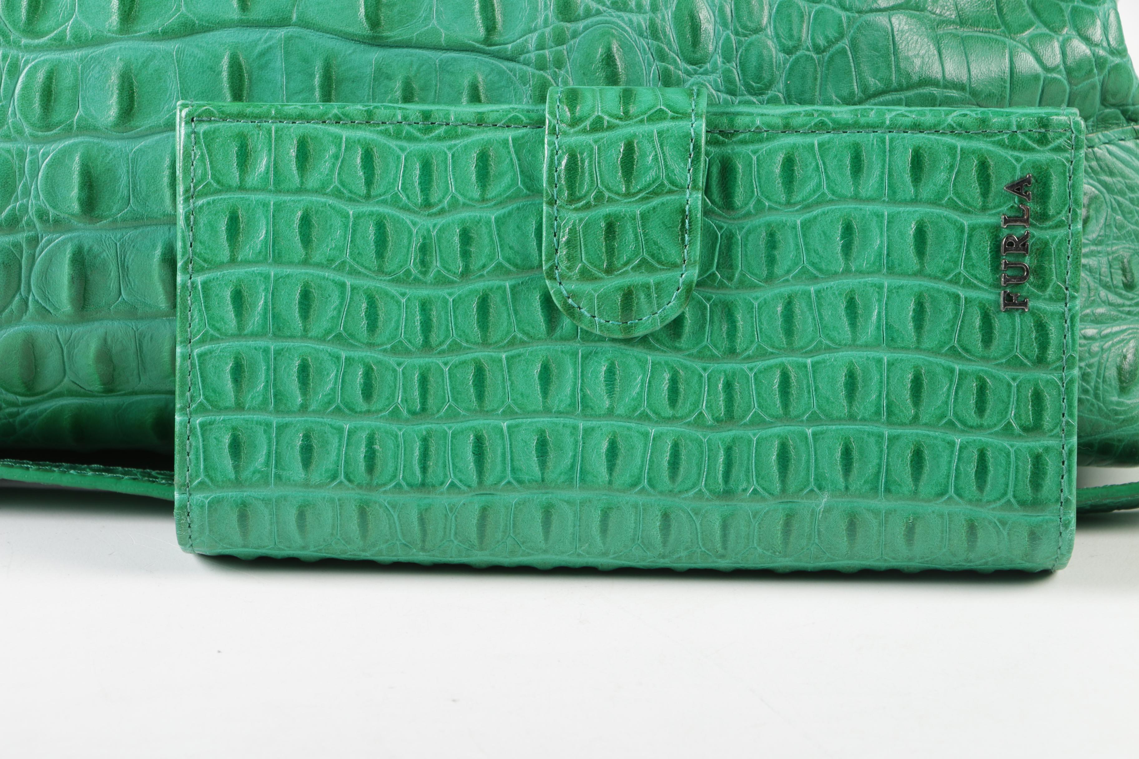 Furla Crocodile Embossed Green Leather Piper Bag with Wallet