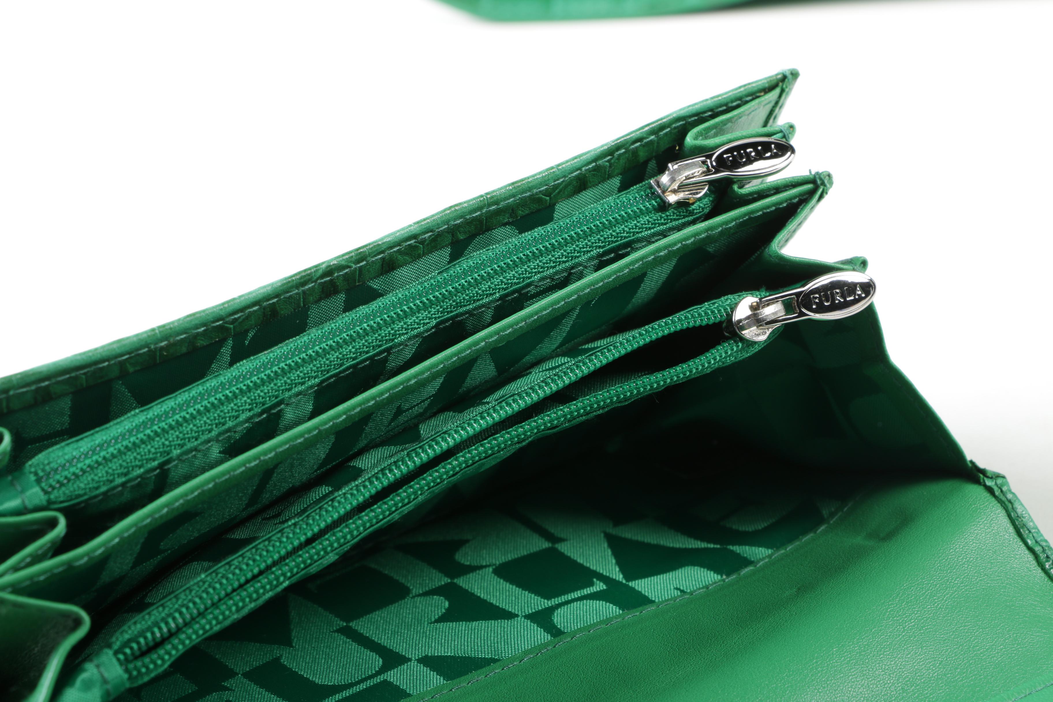 Furla Crocodile Embossed Green Leather Piper Bag with Wallet