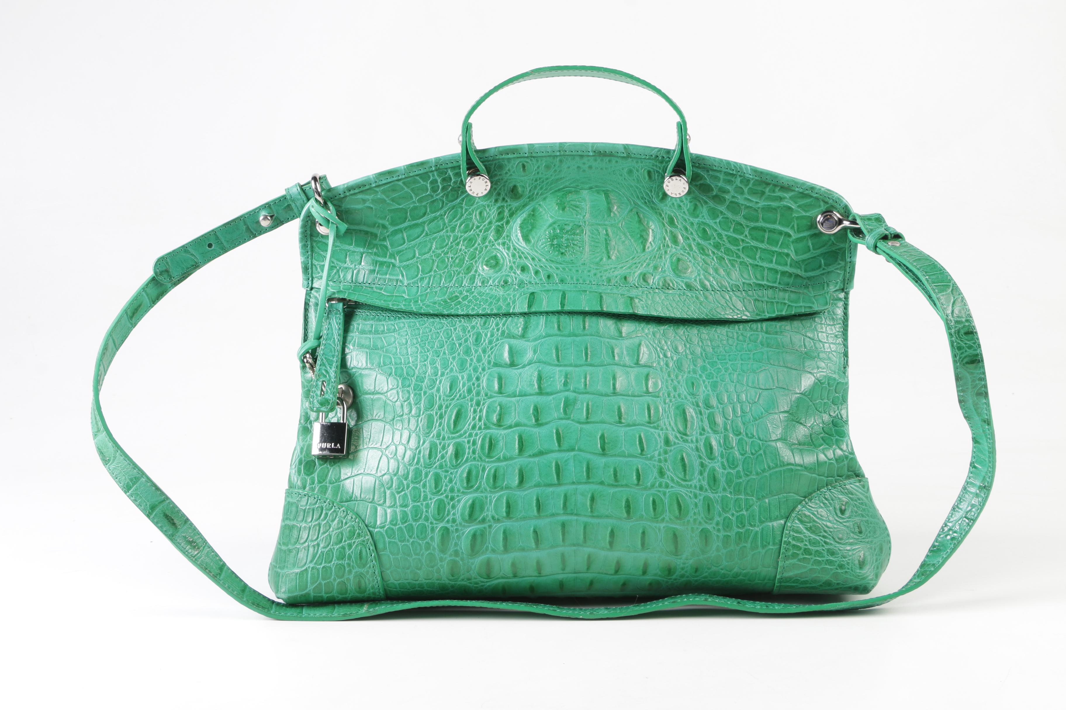 Furla Crocodile Embossed Green Leather Piper Bag with Wallet