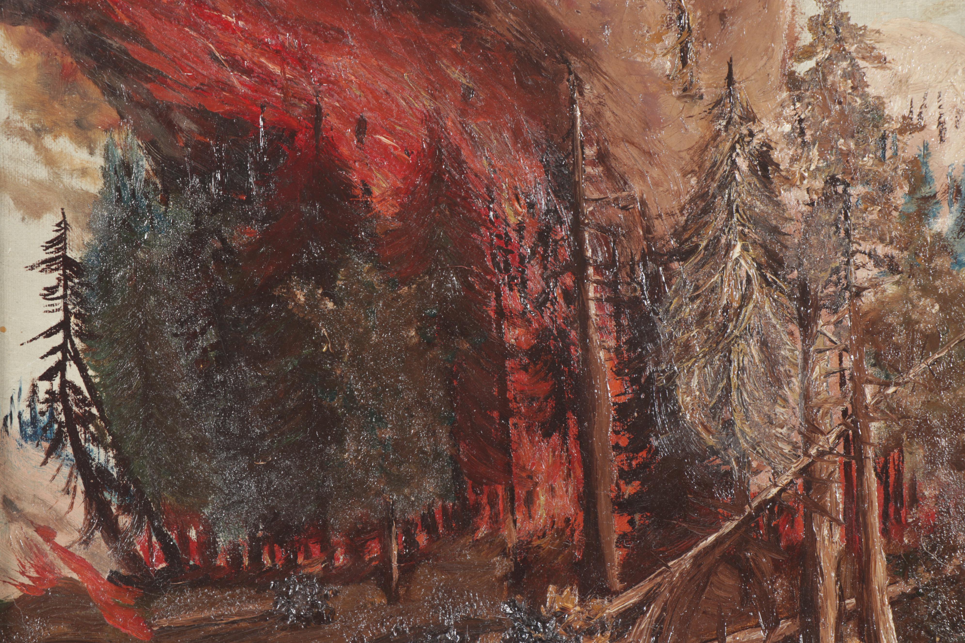 Early 20th Century Forest Fire Oil Painting