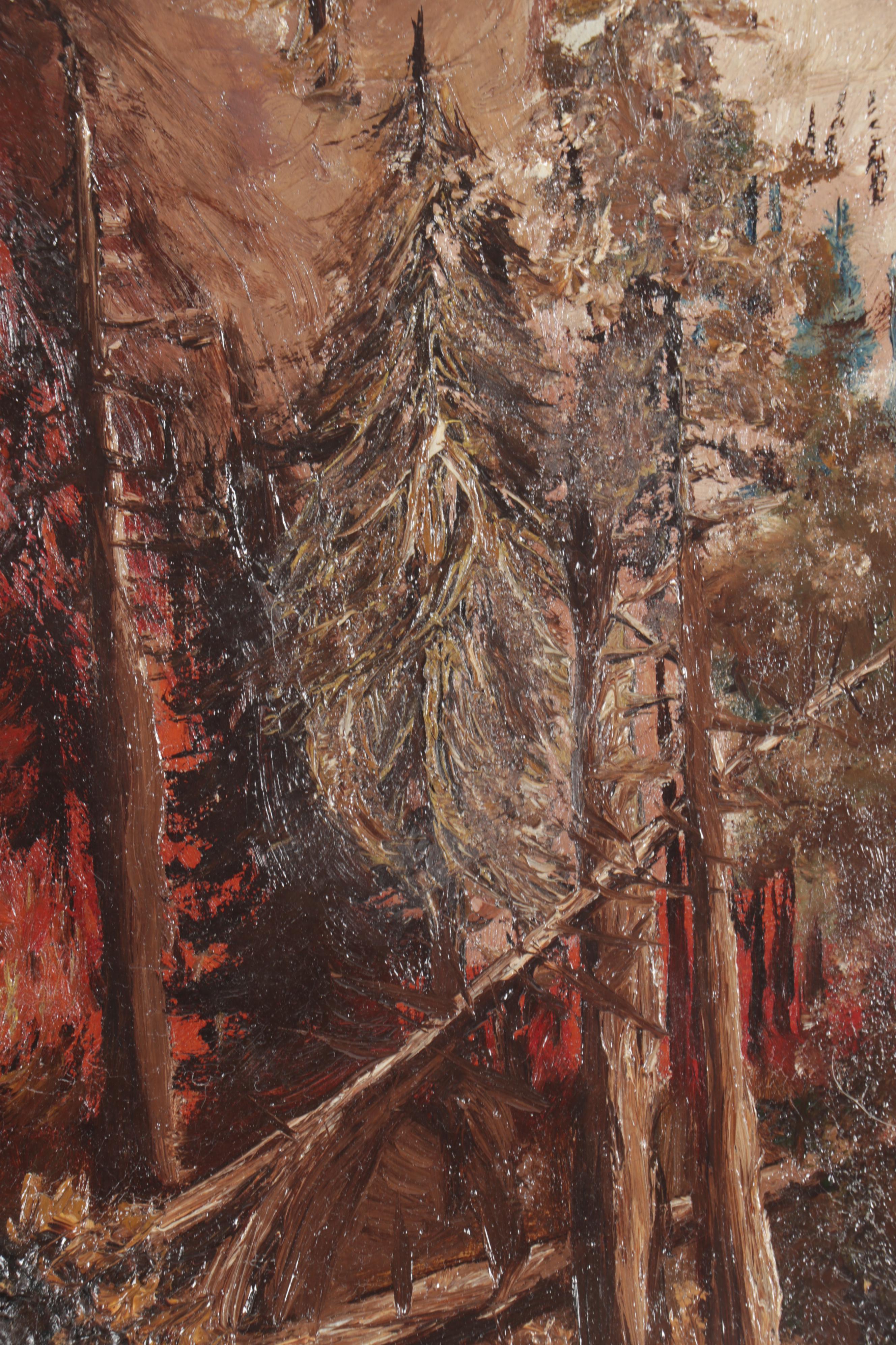 Early 20th Century Forest Fire Oil Painting