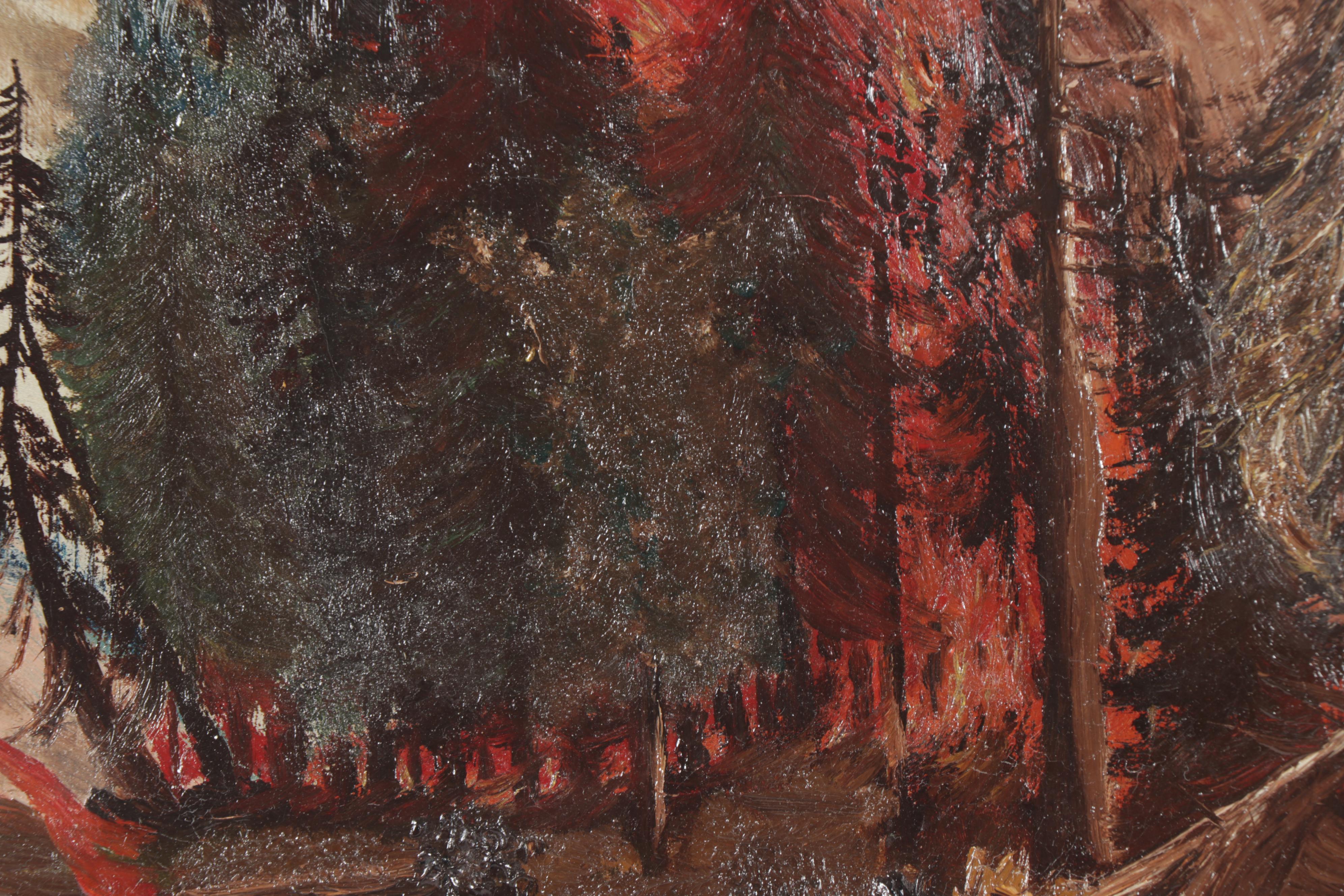 Early 20th Century Forest Fire Oil Painting